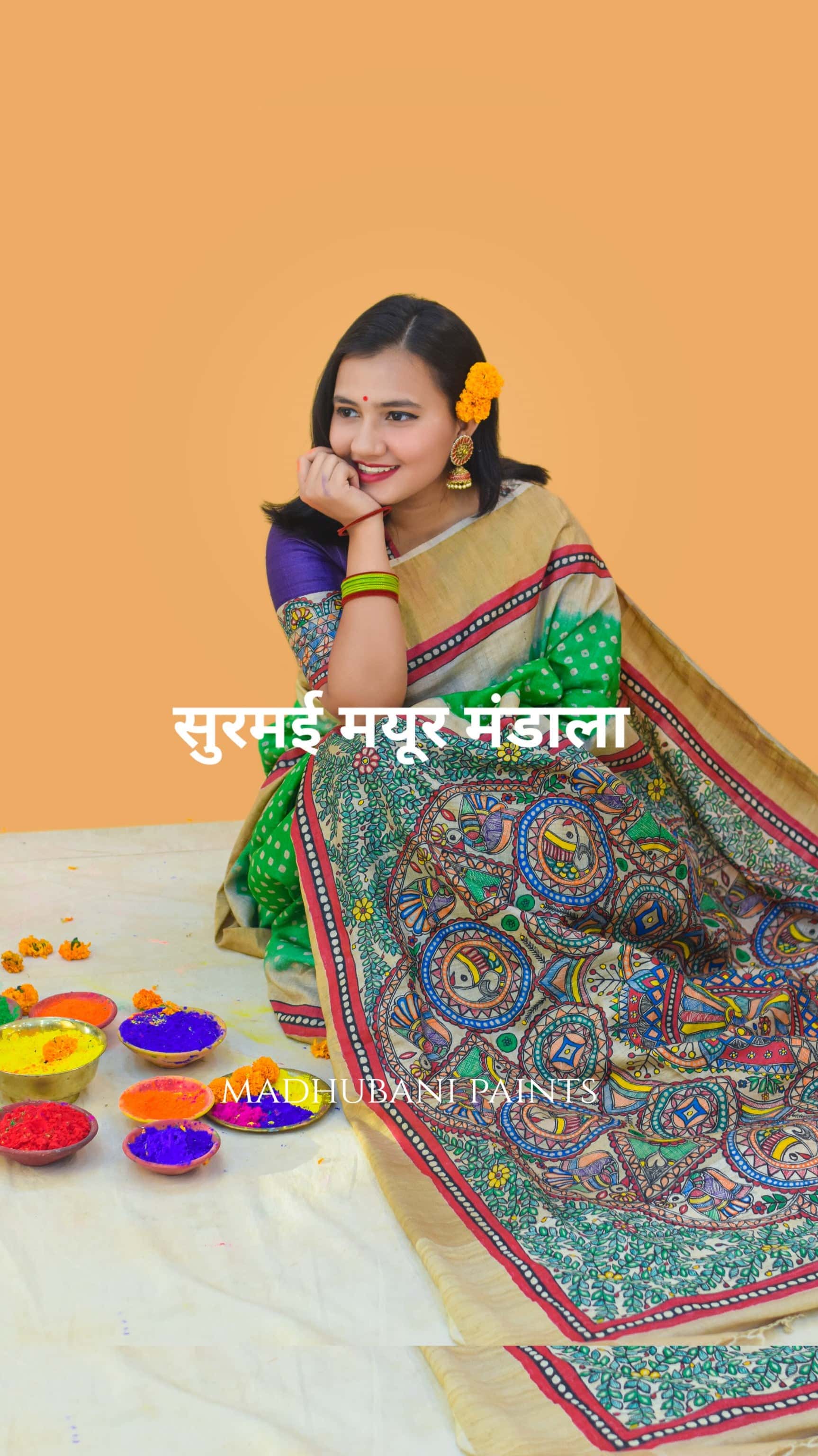 SURMAI MAYUR MANDALA Hand-painted Bandhini Madhubani Saree — image 2 of 7