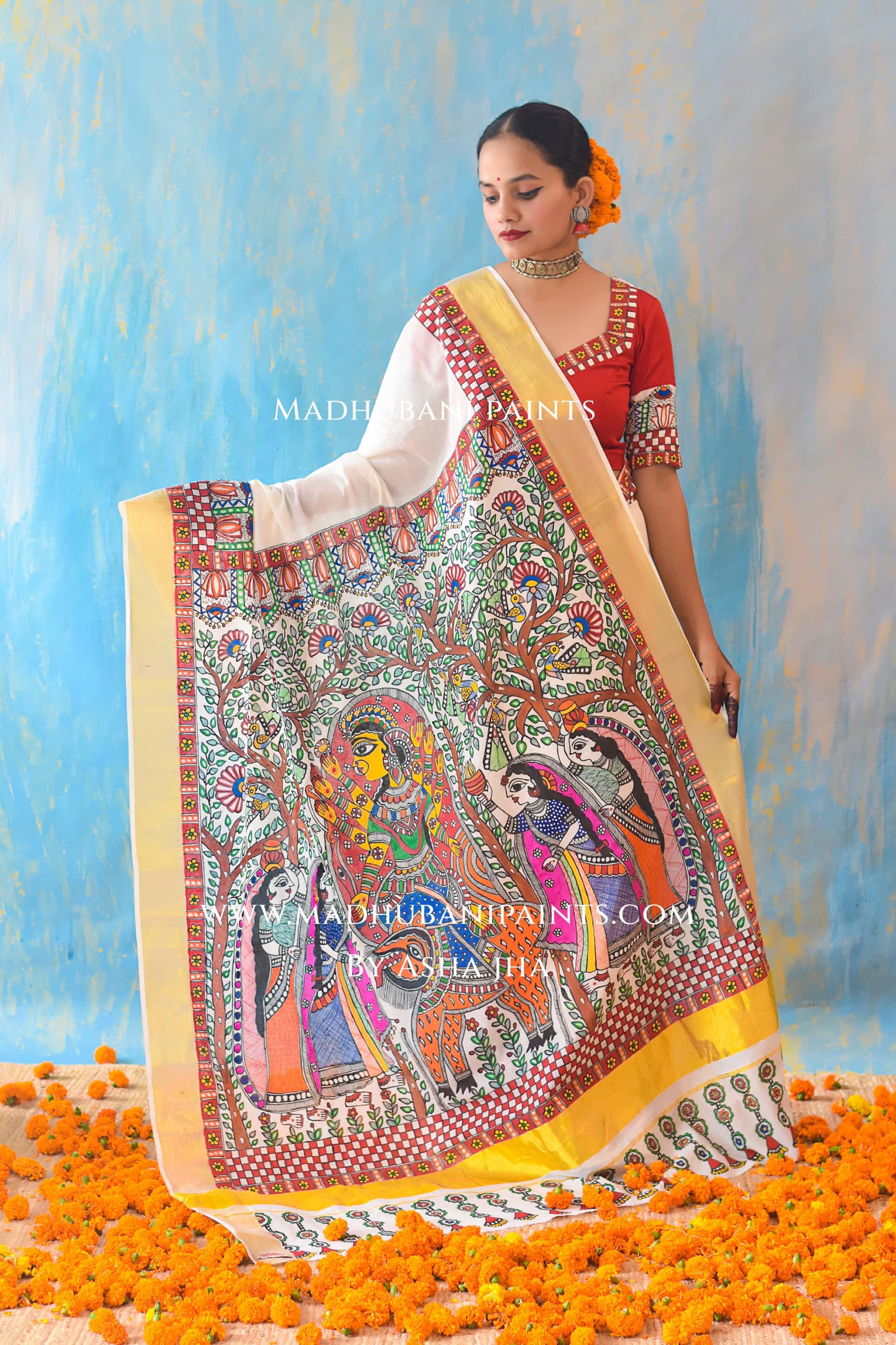 BHAIRAVI Hand-painted Madhubani Handloom Cotton Saree — image 3 of 4