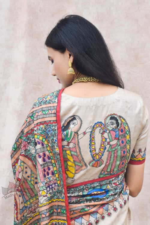 'RAMAYANA' Handpainted Madhubani Tussar Silk Saree Blouse Set — image 4 of 8
