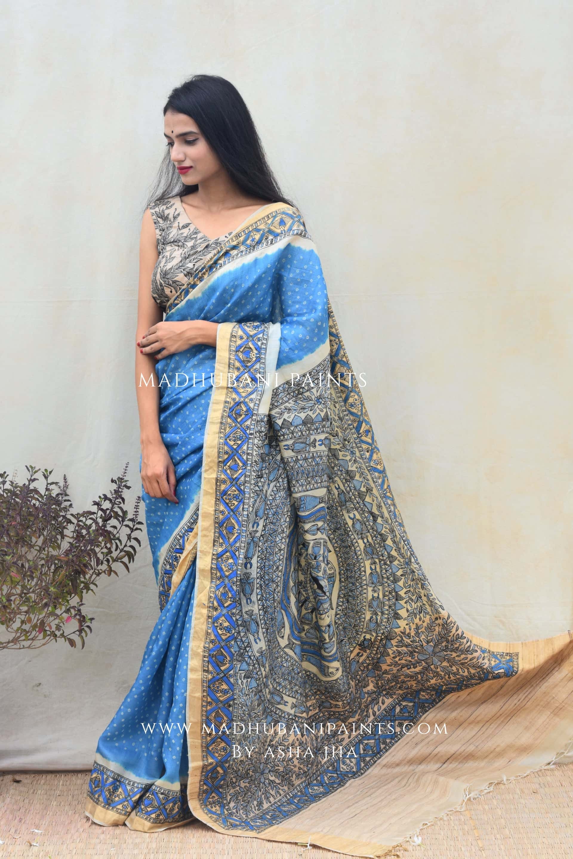 'AASMANI' Madhubani Hand-painted Bandhani Tussar Silk Saree — image 5 of 7