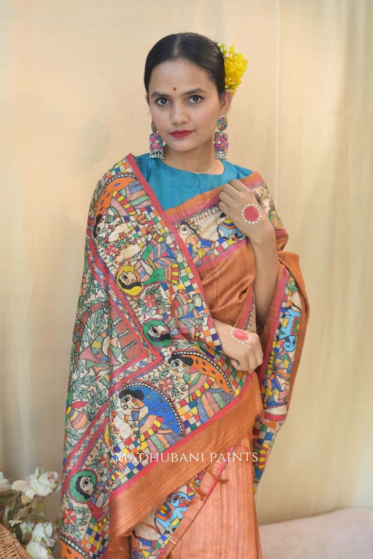 Rust Orange Kohbar Vivah Hand Painted Madhubani Tussar Silk Saree Blouse Set — image 2 of 6