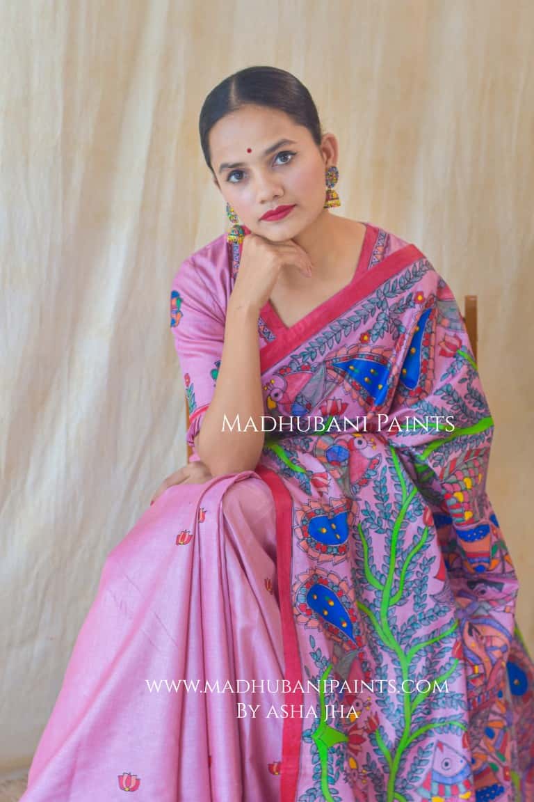 GULABI MAYURI DOLI Madhubani Painting Saree Blouse set — image 3 of 9