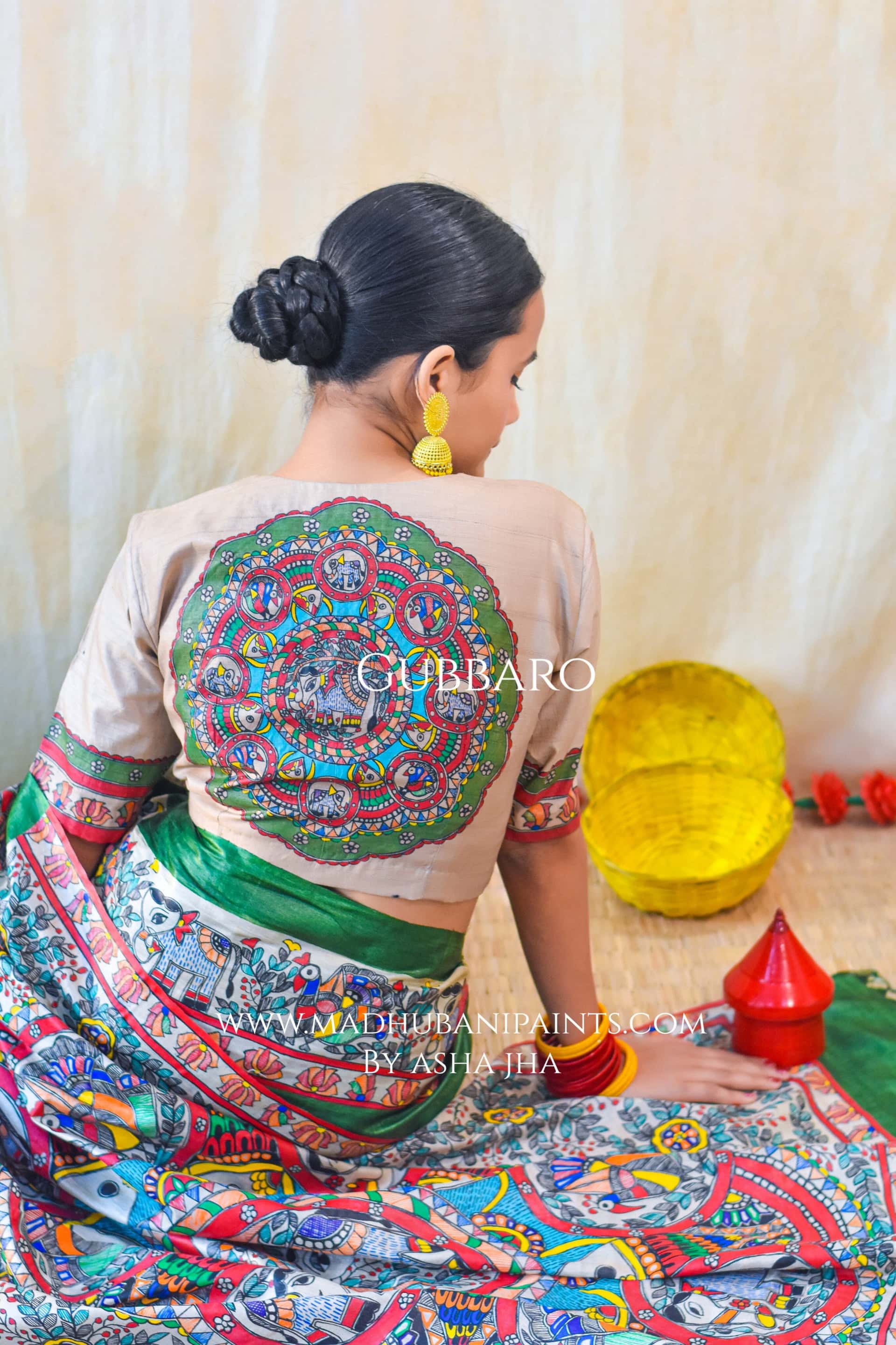 'HARIYALI'  Handpainted Madhubani Tussar Silk Saree Blouse Set — image 3 of 8