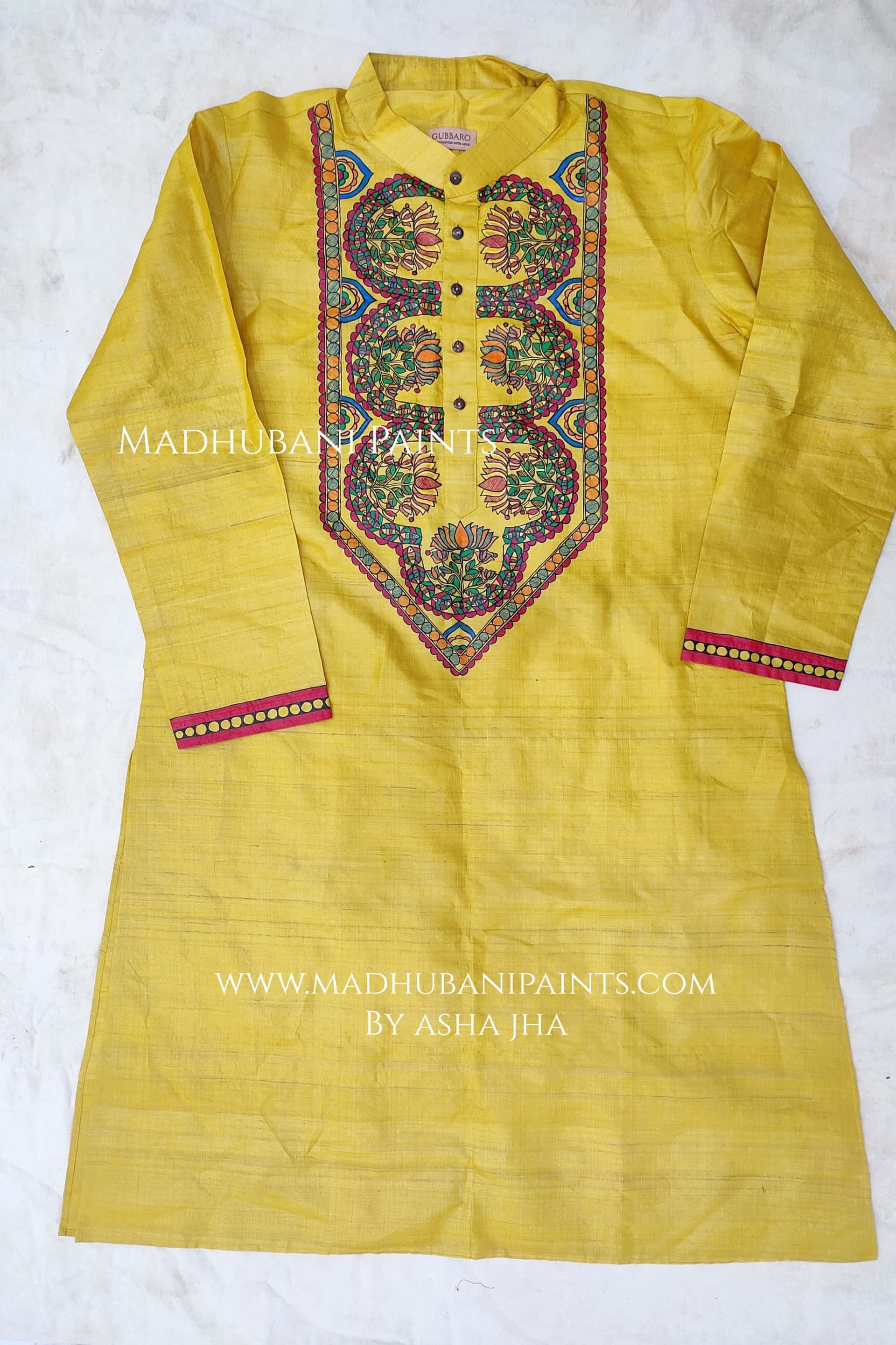 Yellow Lotus Hand-painted Handloom Men's Tussar Silk Kurta — image 2 of 3