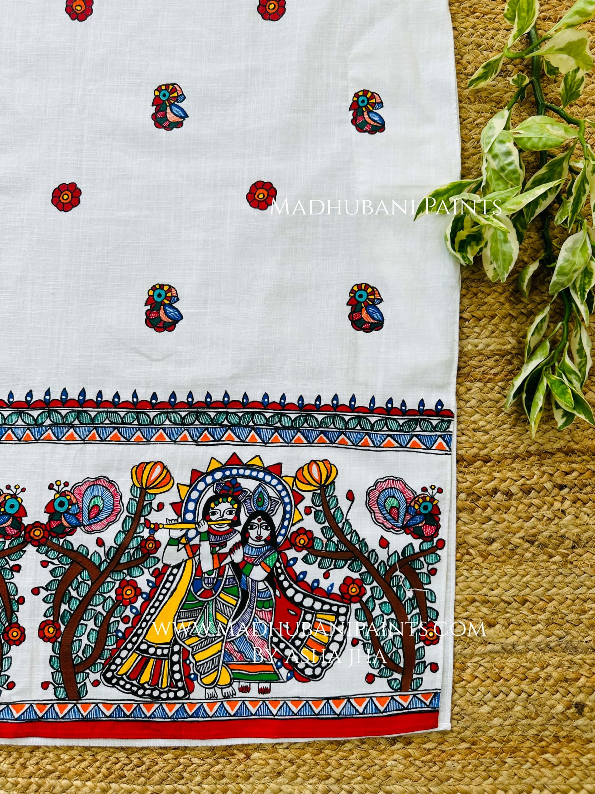 White Radha Krishna Mayuri Hand-painted Handloom Men's Cotton Kurta — image 2 of 3