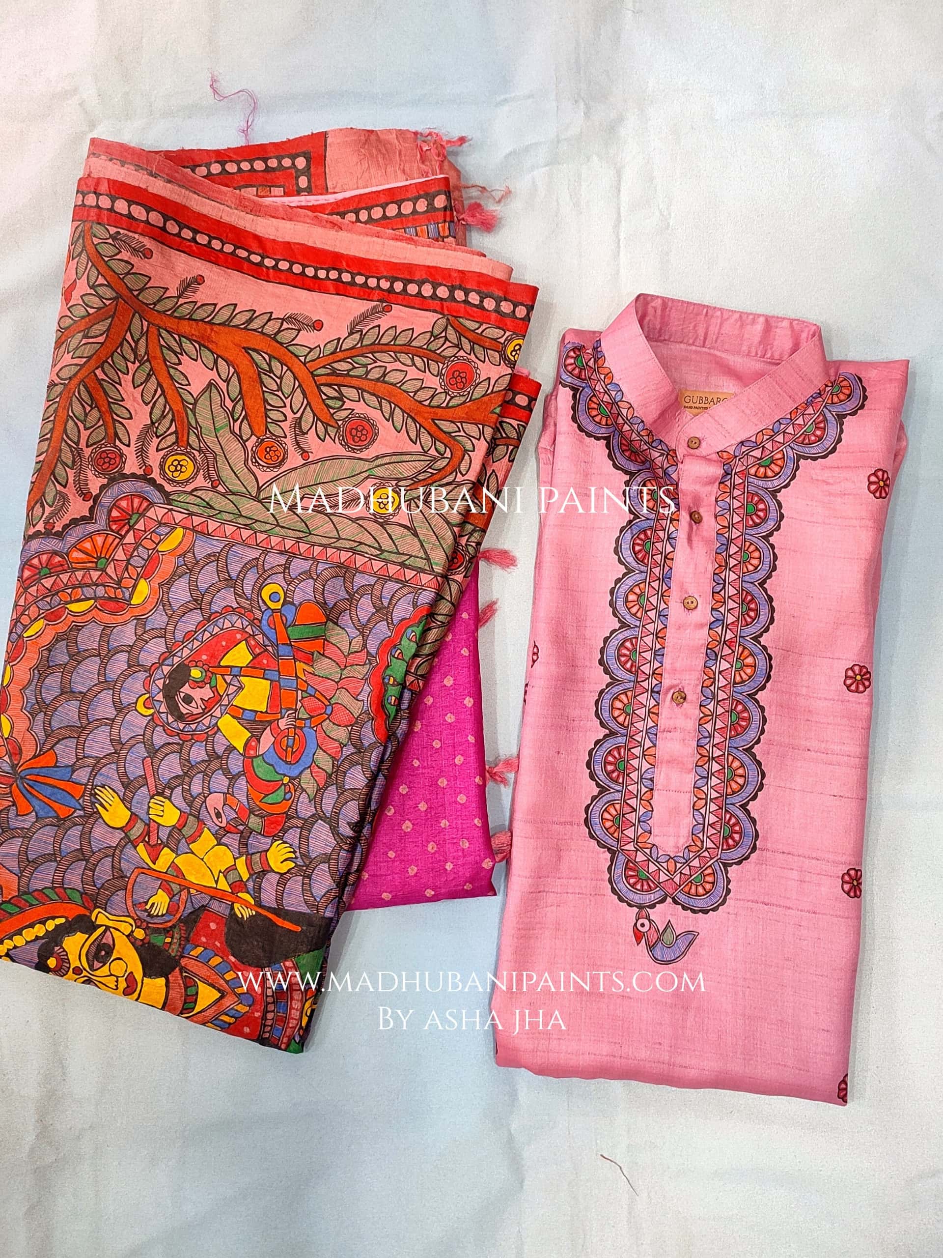 Pink Mithila Flowers Hand-painted  Madhubani Men's Tussar Silk Kurta — image 5 of 5