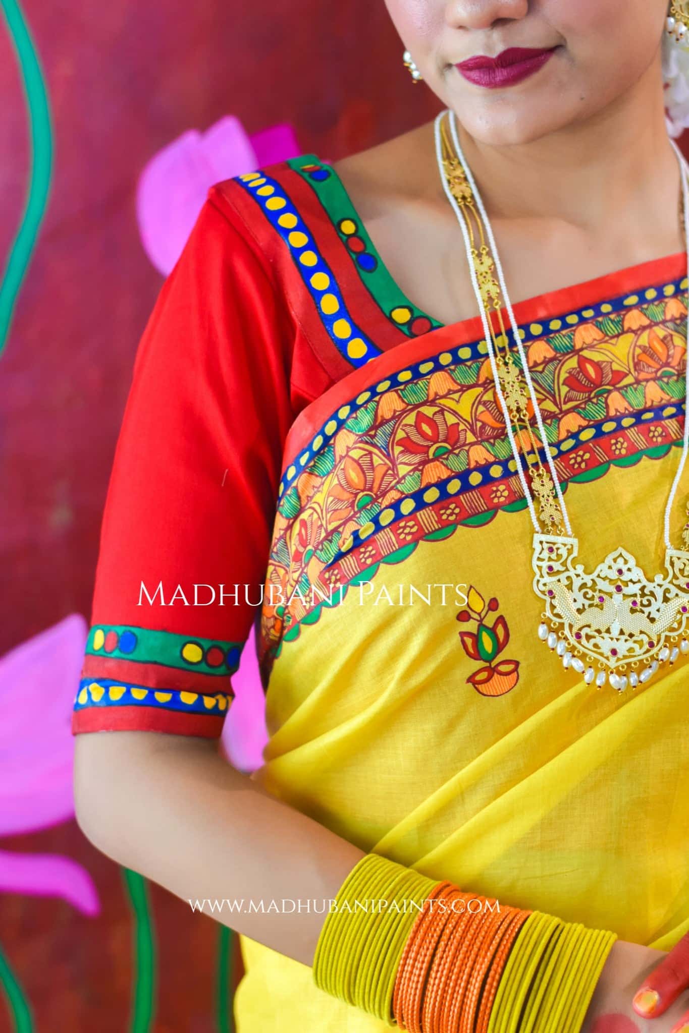 Surya Kiran Chhath Puja Hand painted Madhubani Cotton Saree — image 3 of 8