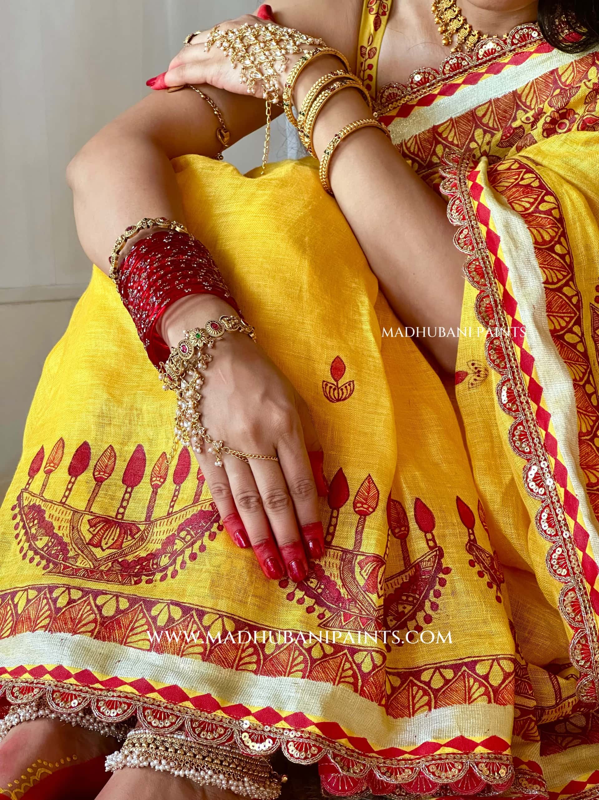 Haldi Bridal Hand-painted Madhubani Painting Saree Blouse Set — image 4 of 11