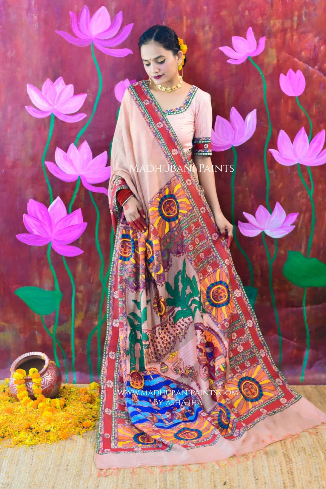 VRAT VARDHINI Chhath Puja Handpainted Madhubani Chanderi Saree Blouse Set — image 6 of 9