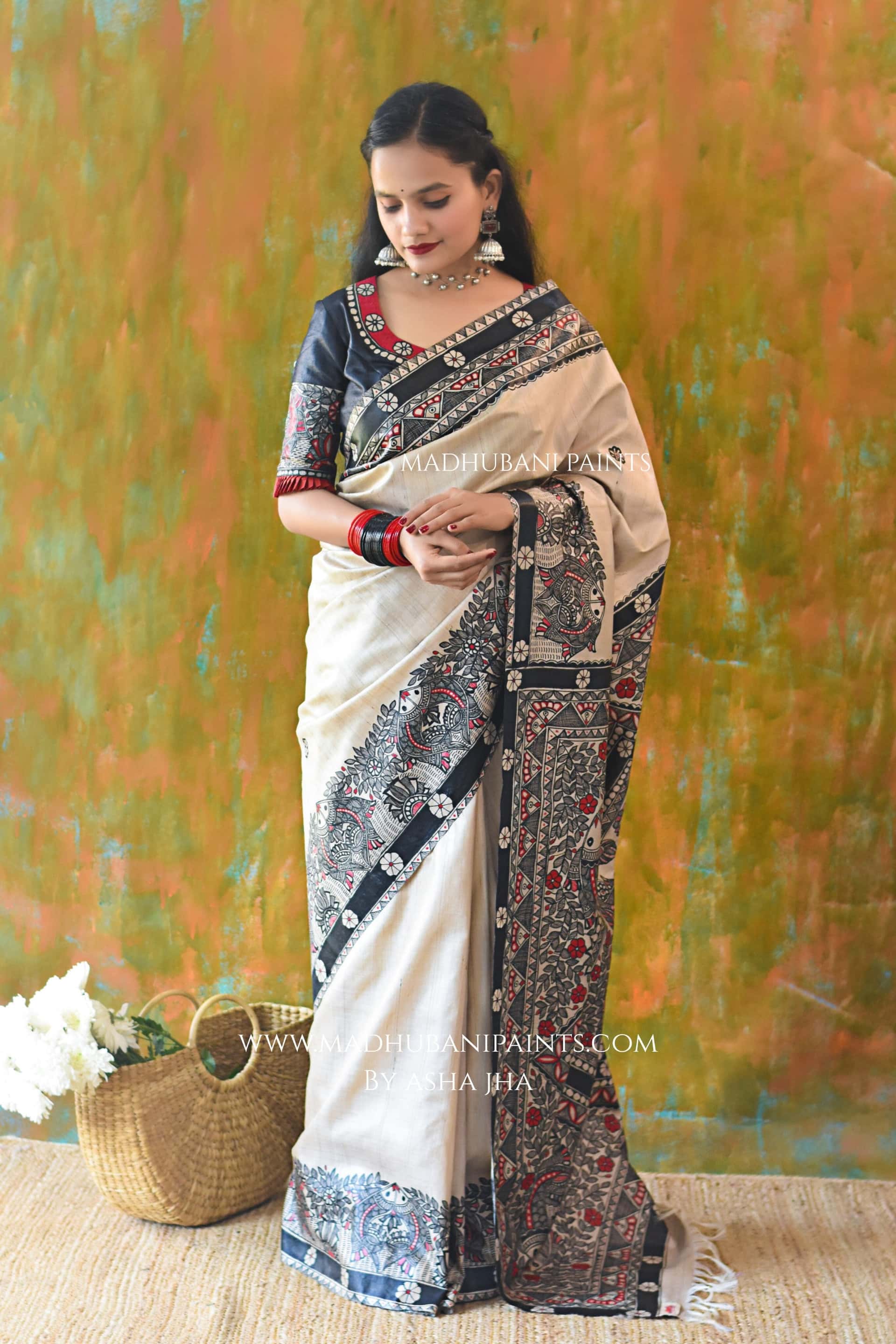 'SAGARIKA' Hand-painted Madhubani Tussar Silk Saree Blouse Set — image 3 of 8