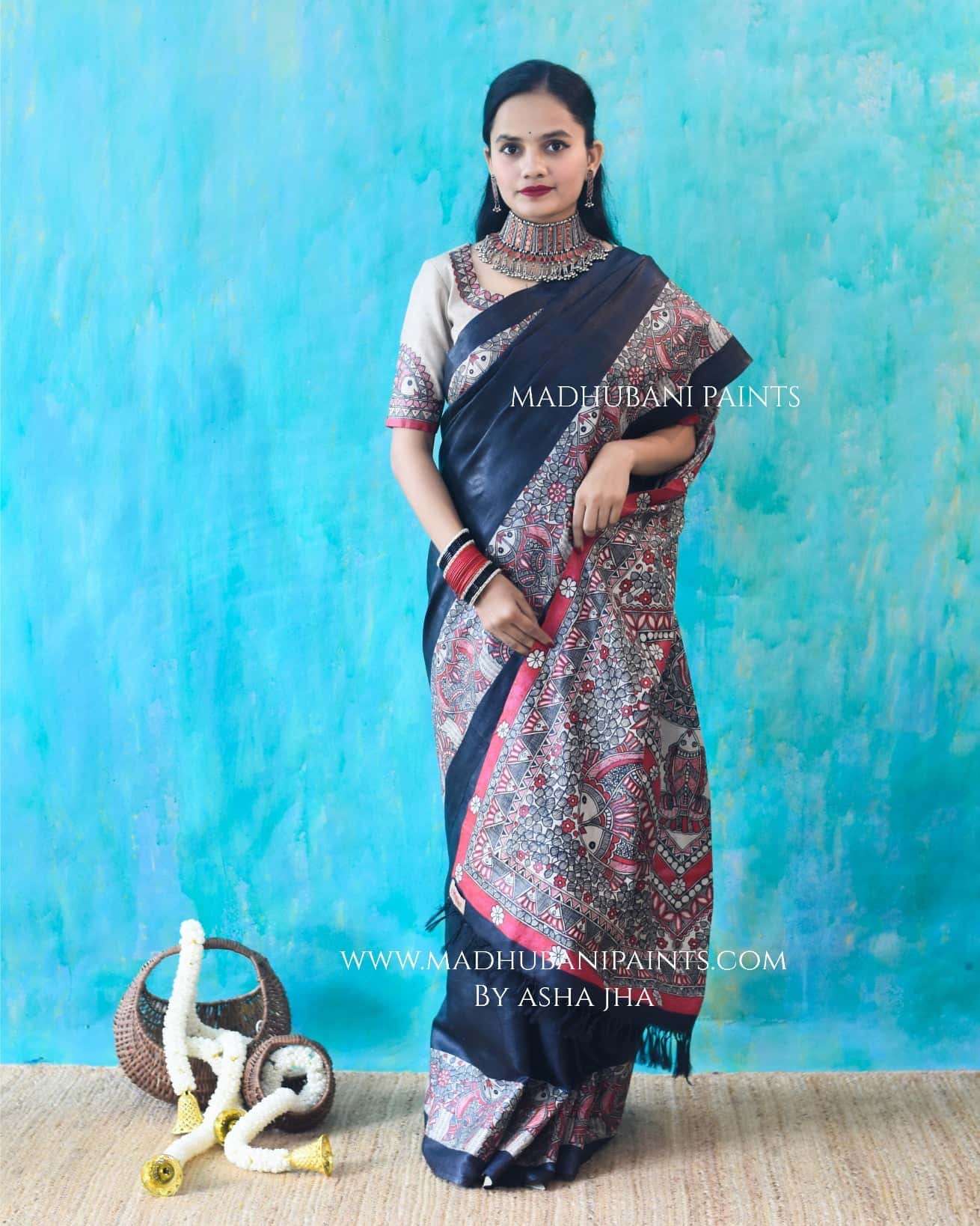 'MATSYA MANJARI'  Hand-Painted Madhubani Tussar Silk Saree — image 2 of 5