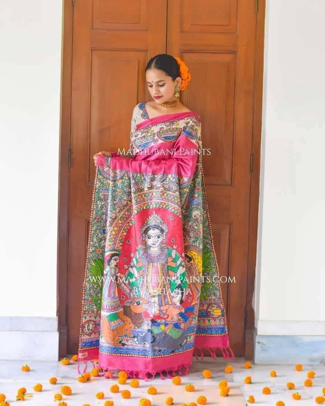 GAYATRI Handpainted Madhubani Saree Blouse Set — image 2 of 11