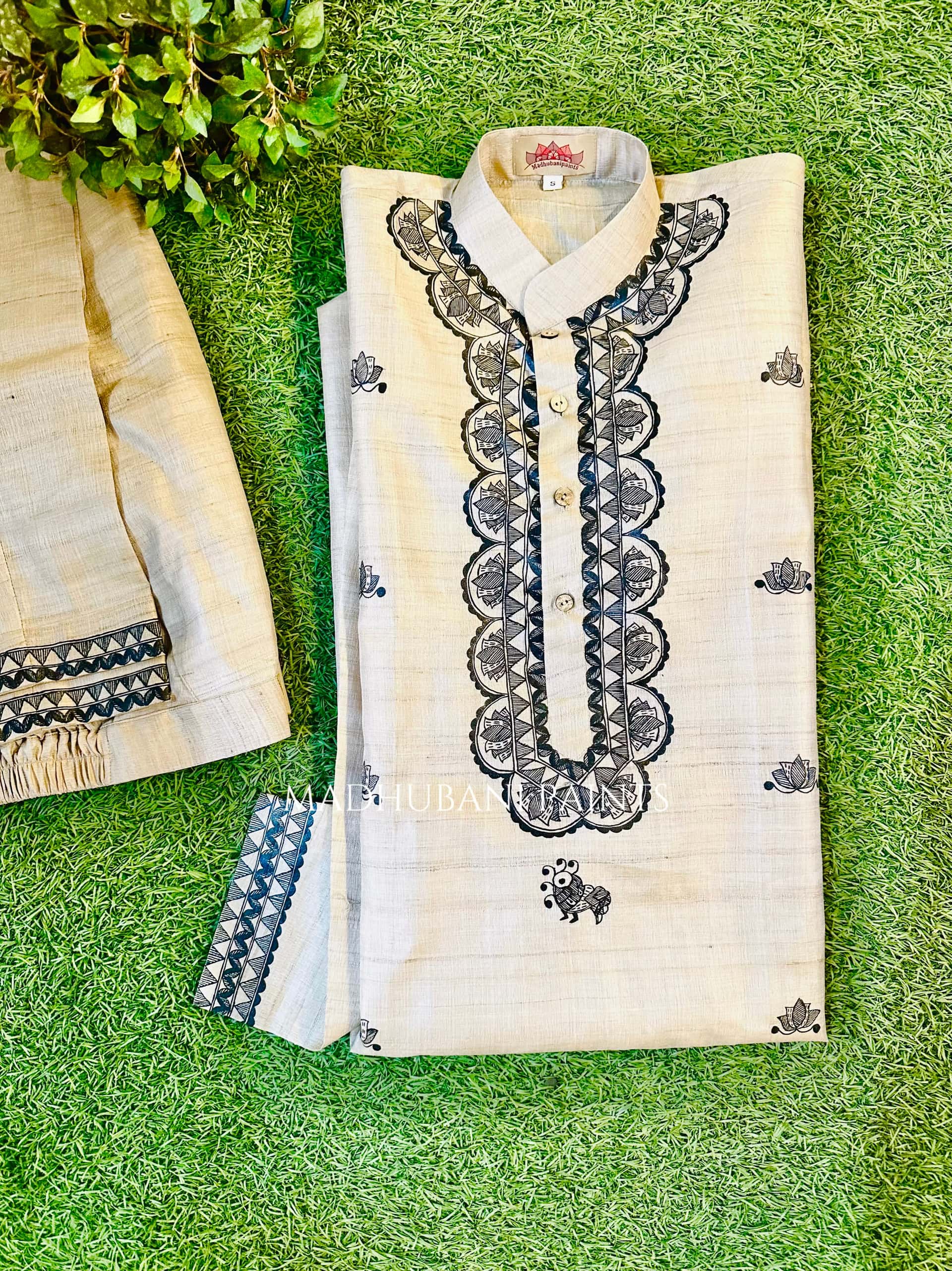 PANKHI Hand-painted Madhubani Men's Tussar Silk Kurta Pant Set
