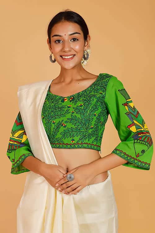 'Morni' Handpainted Madhubani Handloom Cotton Blouse — image 6 of 7