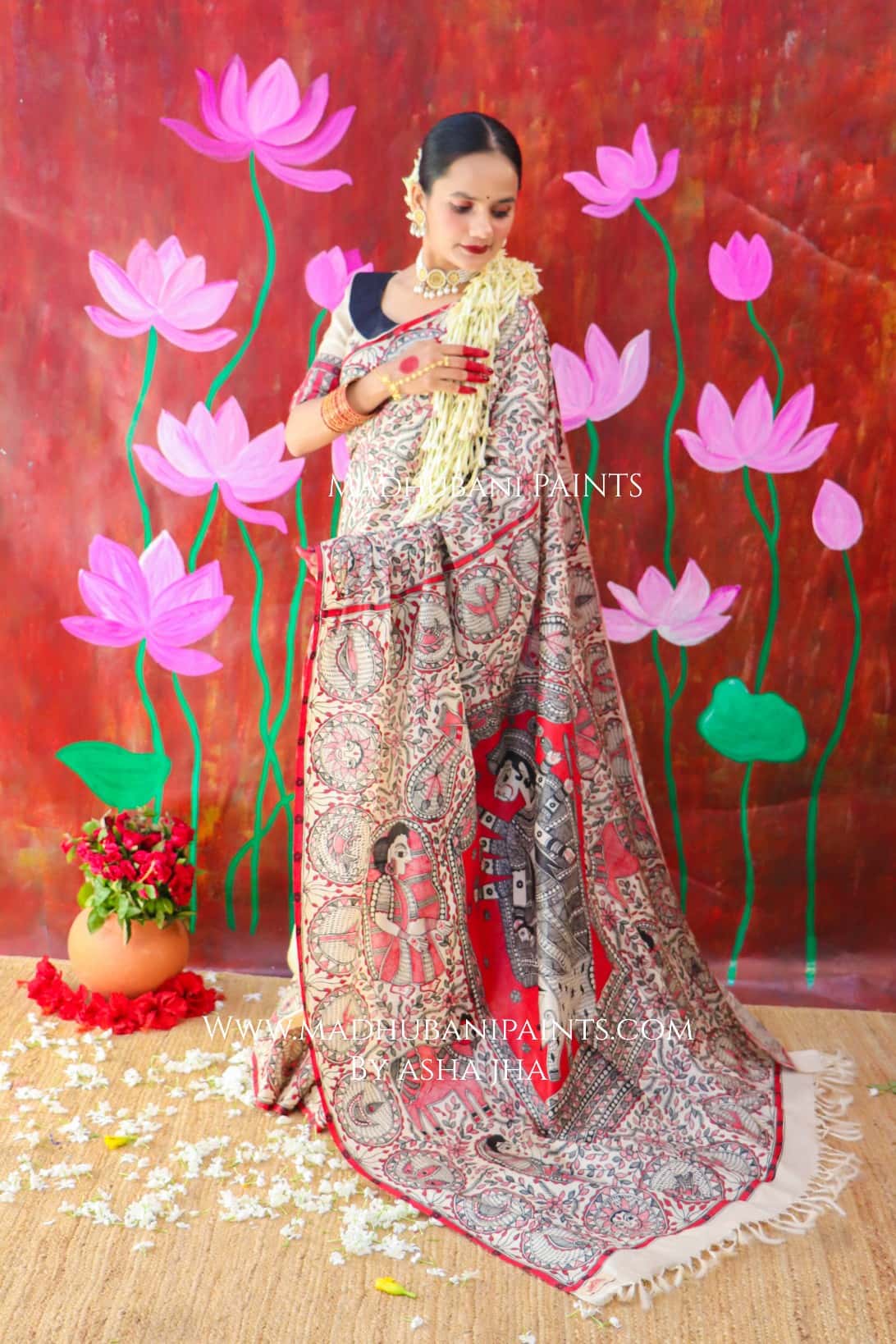 "MADHUMATI" Handpainted Madhubani Tussar Silk Saree — image 9 of 15