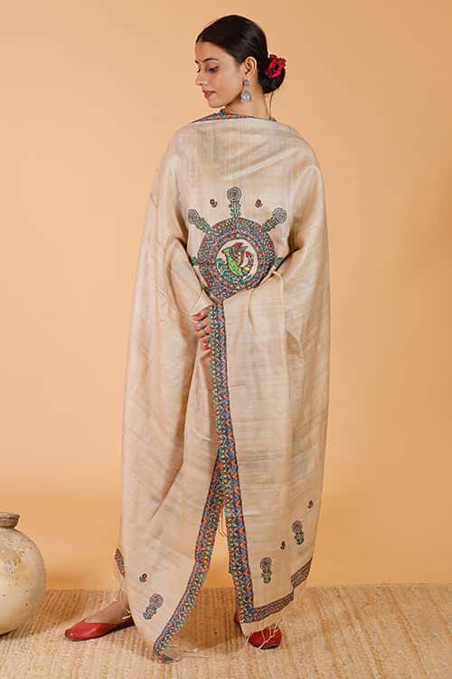 'Maithili' Handpainted Madhubani Tussar Silk Dupatta — image 3 of 4