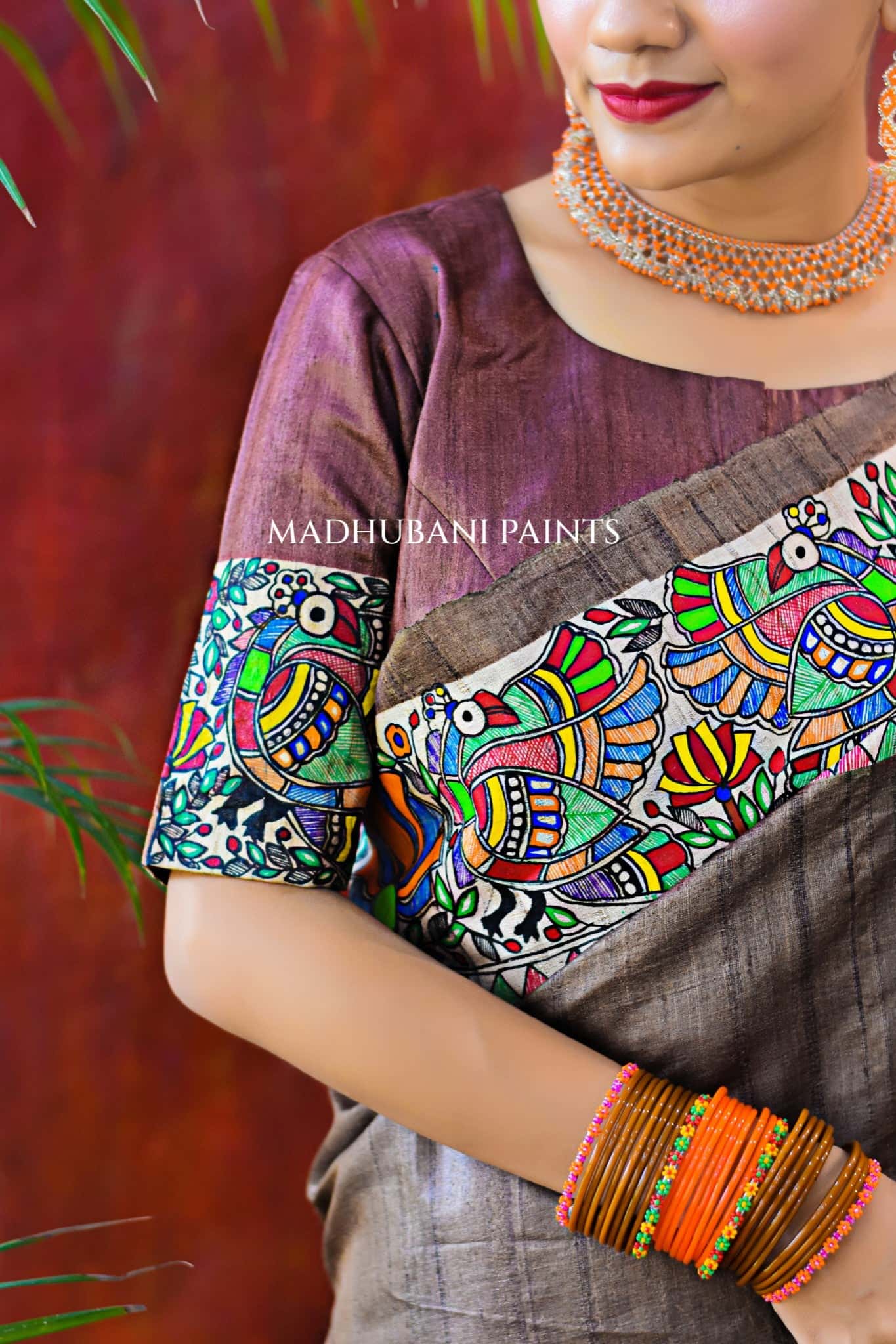 RADHA KRISHNA VRINDAVAN Hand-painted Madhubani Tussar Silk Saree Blouse Set — image 3 of 9