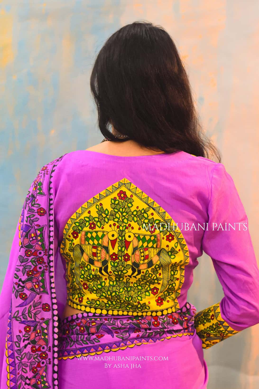 Baigani Mor Hand-painted Madhubani Chiffon Saree Blouse Set — image 4 of 8