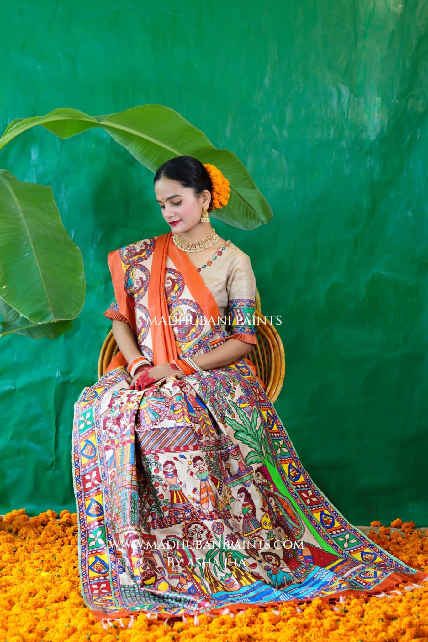 CHHATH PAWAN Handpainted Madhubani Tussar Silk Saree Blouse Set — image 4 of 11