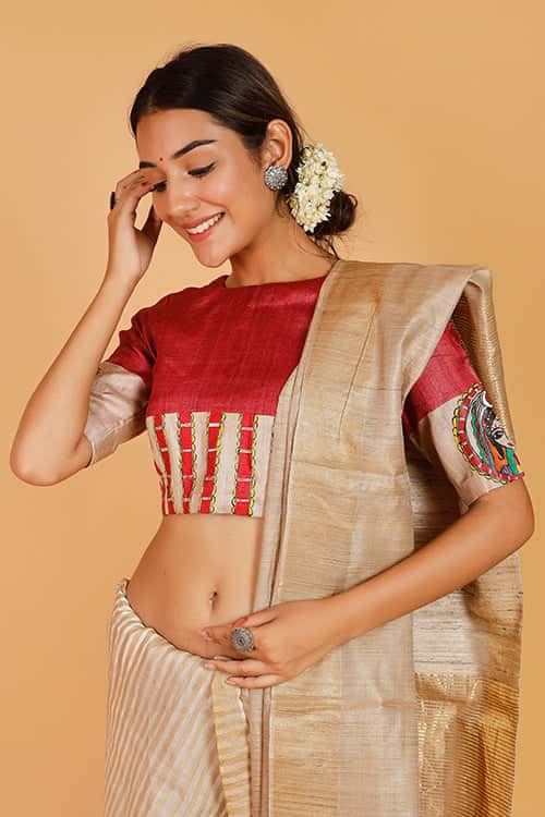 'Bengali Sindoordaan' Handpainted Madhubani Tussar Silk Blouse — image 2 of 8