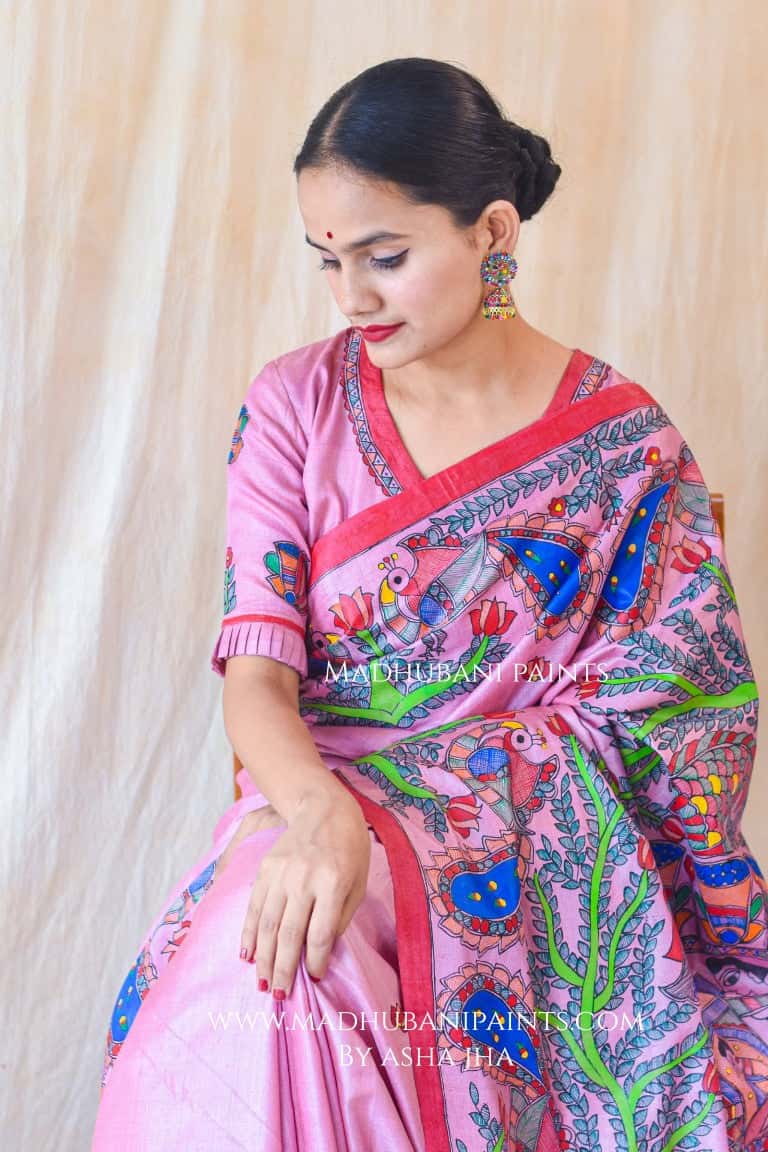 GULABI MAYURI DOLI Handpainted Madhubani Tussar Silk Blouse — image 2 of 5