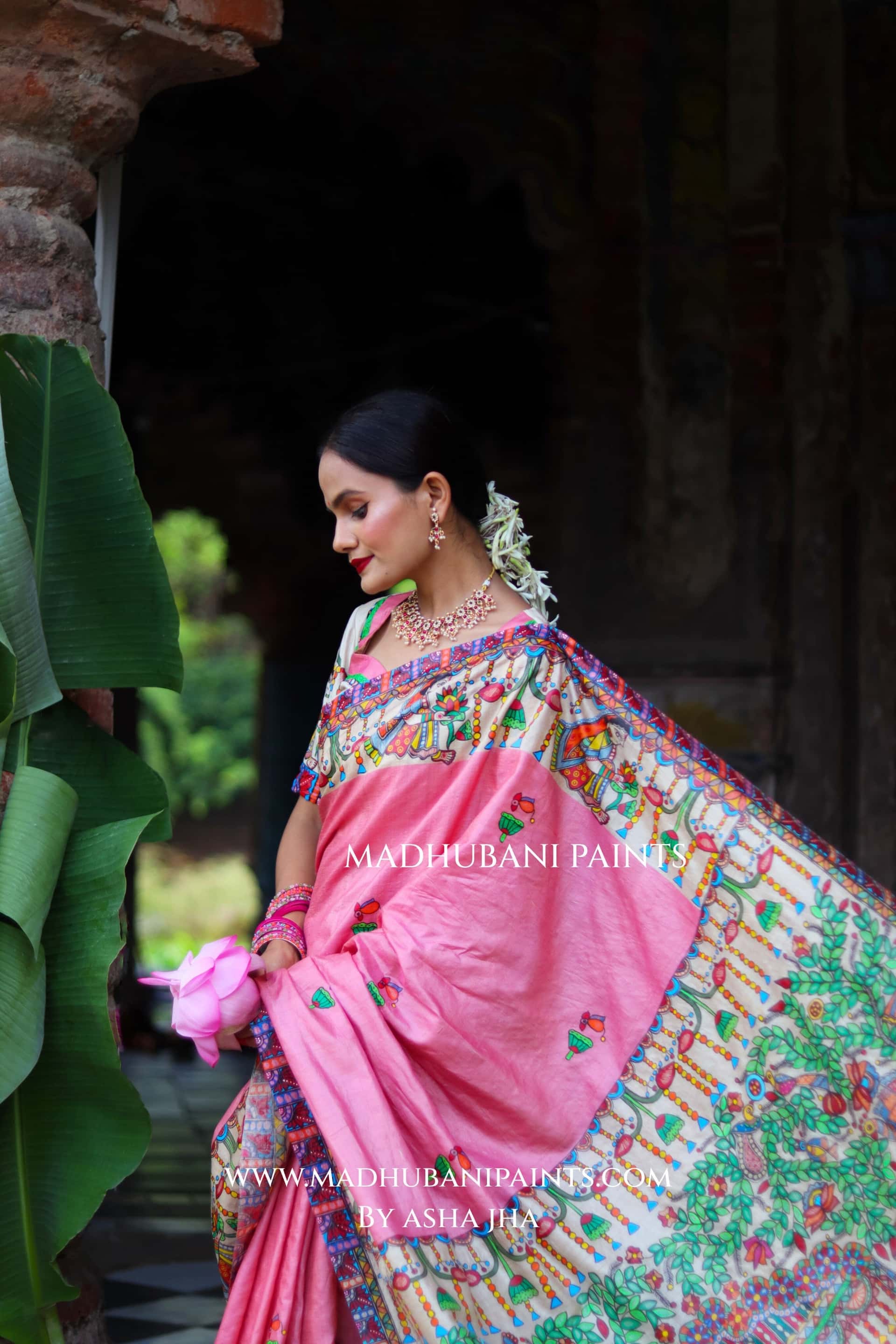 Durga Ji Ki Palki Handpainted Tussar Silk Madhubani Saree — image 7 of 9