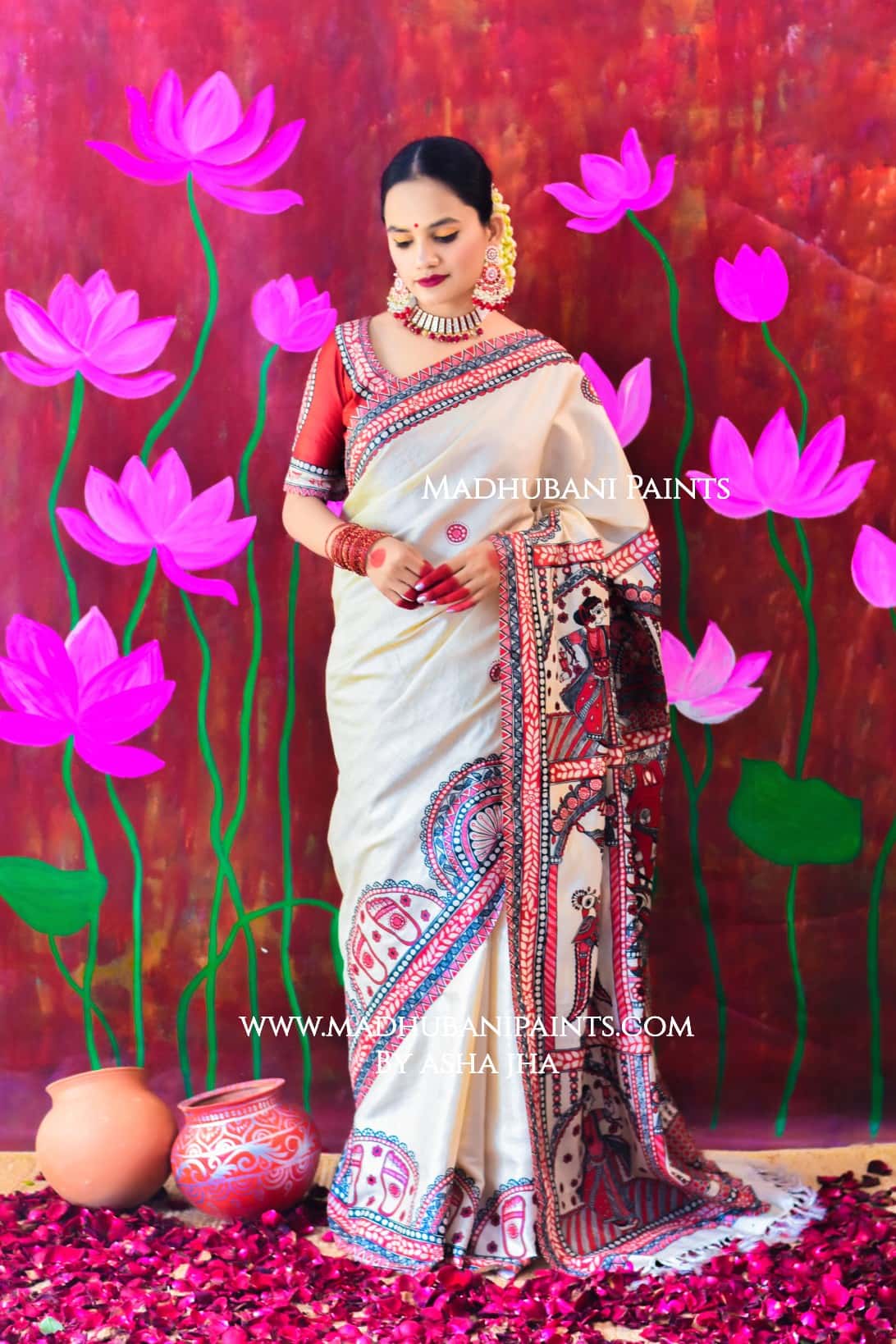 "JAYSHREE" Handpainted Madhubani Tussar Silk saree blouse set — image 6 of 9