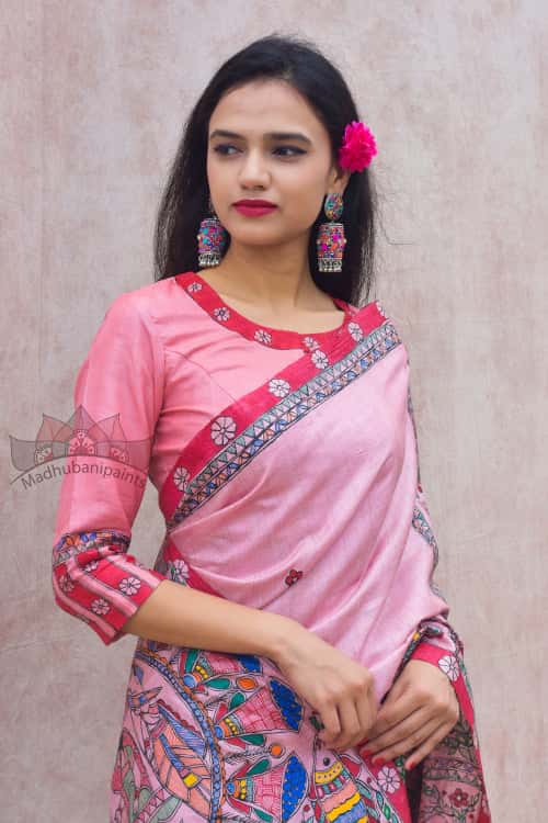 'GULABI DOLI' Handpainted Madhubani Tussar Silk Blouse — image 3 of 5