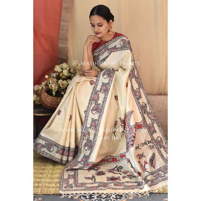 'MATSYA AVATAR' Handpainted Madhubani Tussar Silk Saree — image 6 of 12
