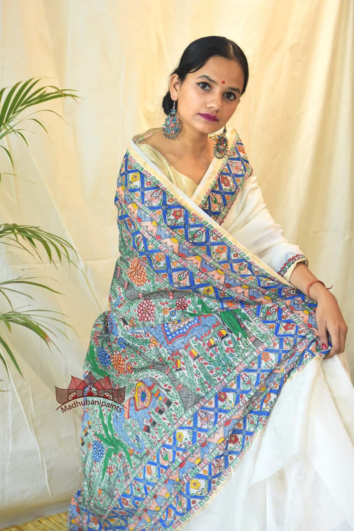 Blue Mithila Box Hand Painted Saree — image 2 of 4