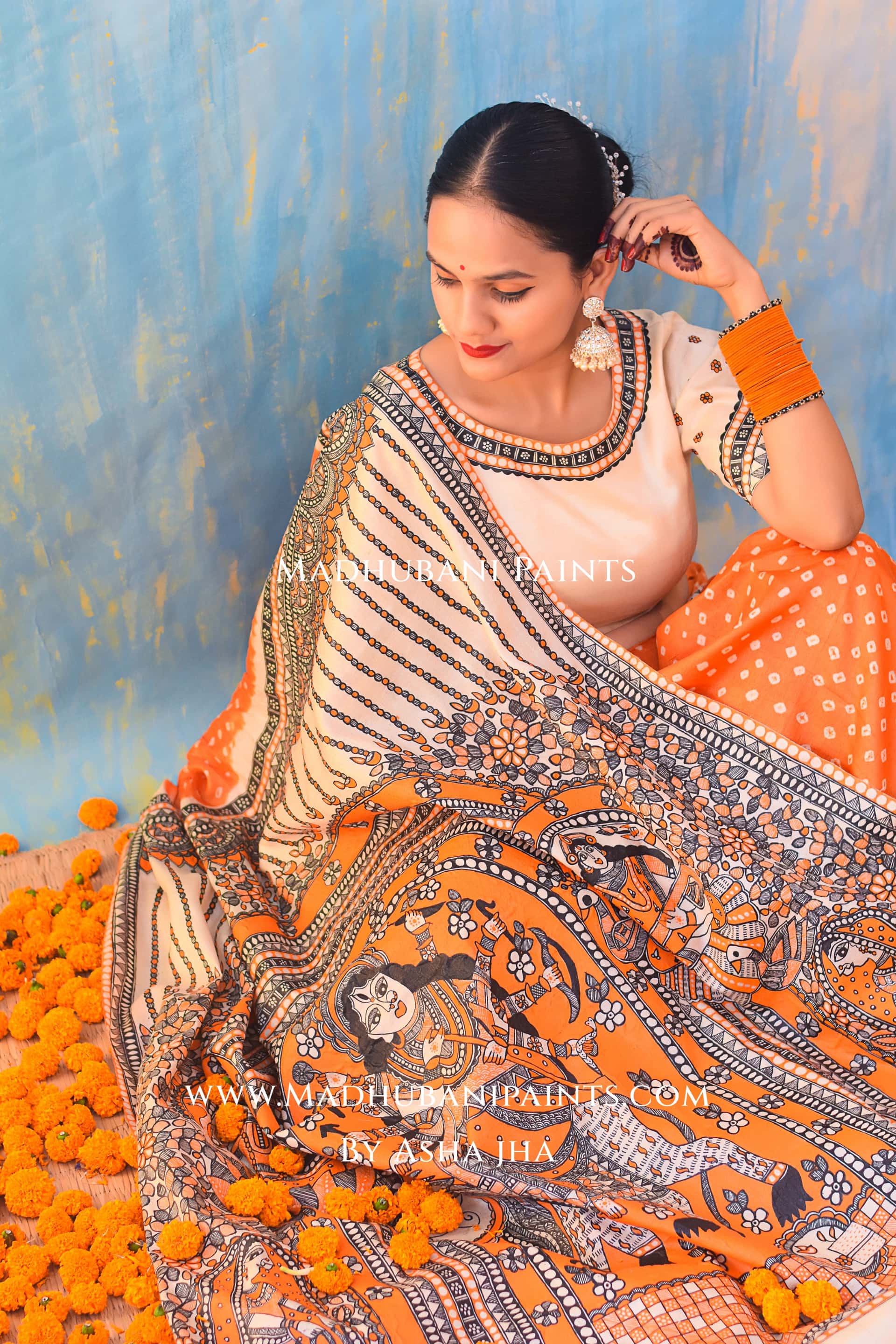 KAMLAKSHI Hand-painted Madhubani Bandhini Tussar Silk Saree — image 4 of 7