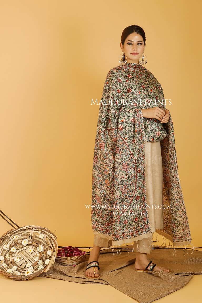 Mithila Prakriti Leela Madhubani Handpainted Pure Handwoven Tussar Silk Dupatta — image 4 of 4