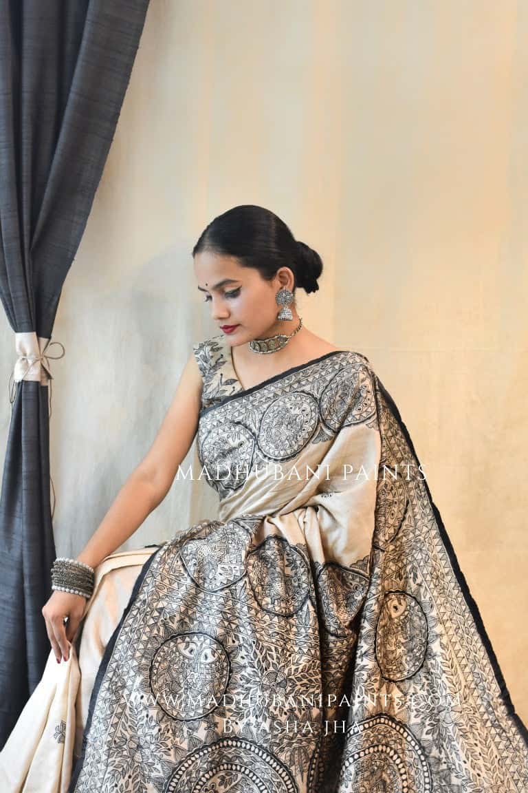 'MORNI' Handpainted Madhubani Tussar Silk Saree Blouse Set — image 6 of 10