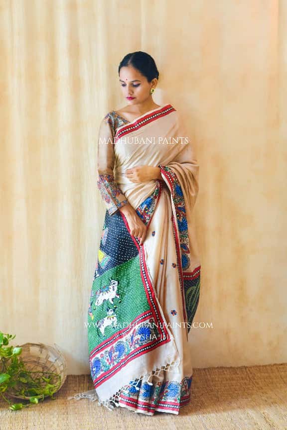 KRISHNA IN BAARISH' Handpainted Madhubani Tussar Silk Saree Blouse Set — image 4 of 8
