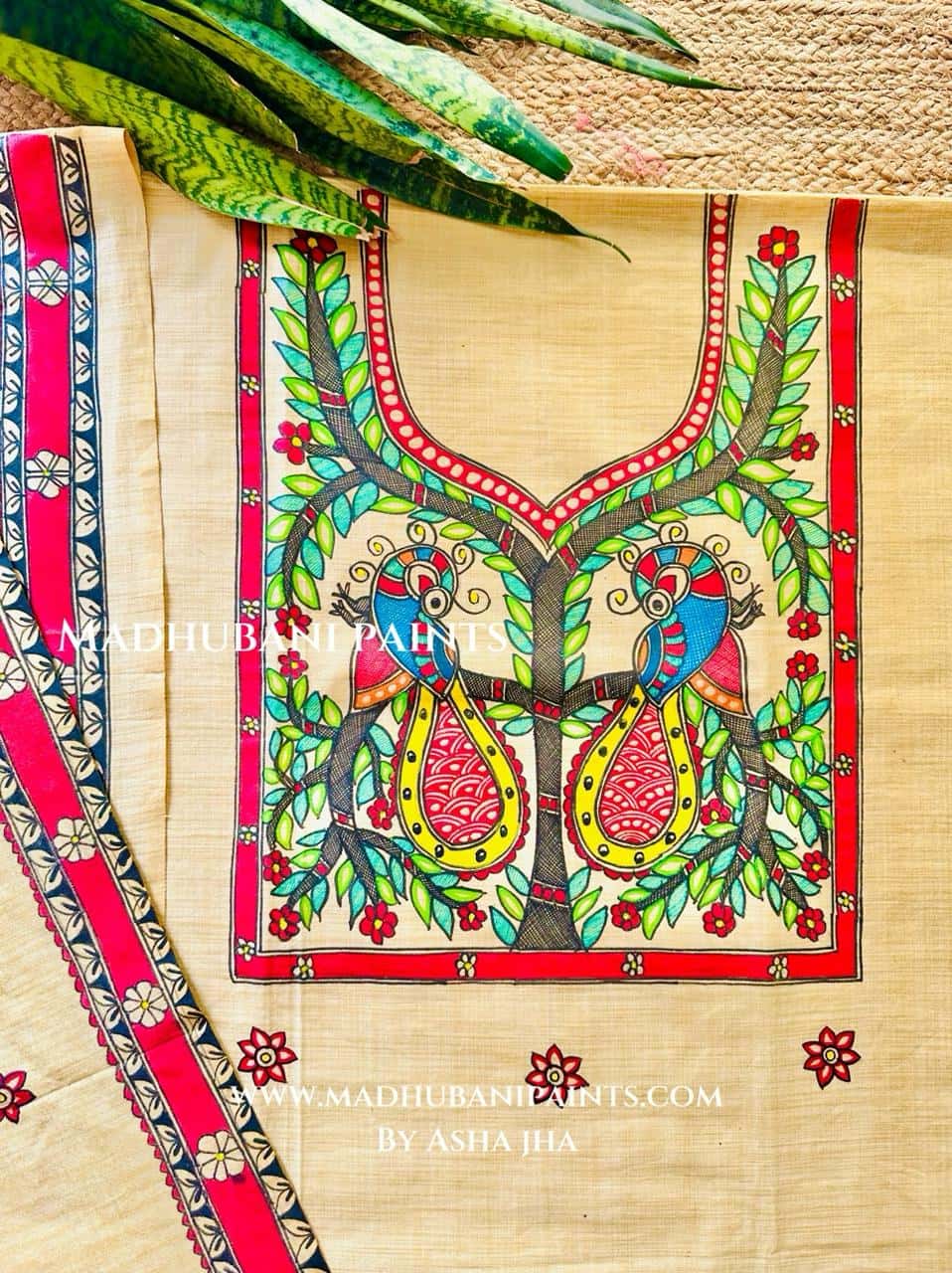 Yellow Judwa Mayuri Hand-painted Madhubani Painting Cotton Unstitched Kurta Pant Dupatta Set — image 2 of 3