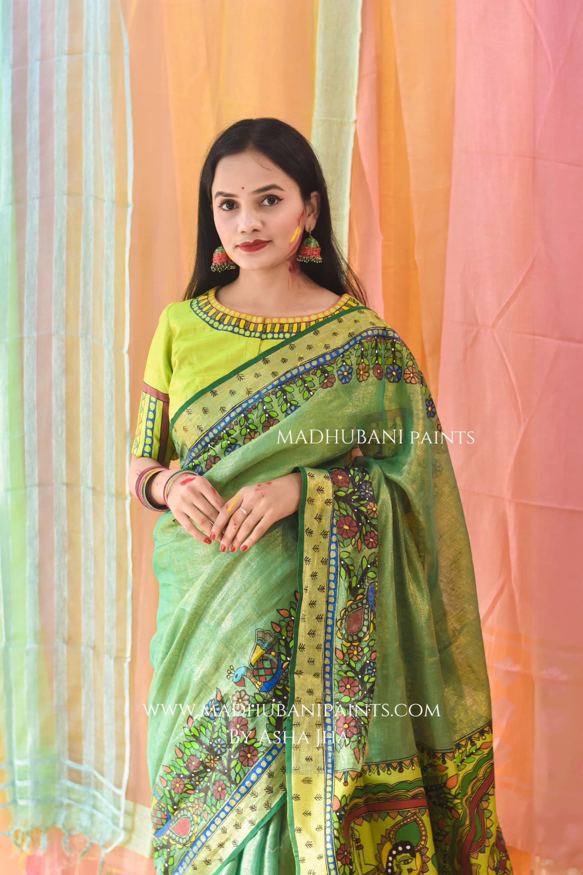 VASANTI Hand-painted Madhubani Tissue Linen Saree Blouse Set — image 9 of 10