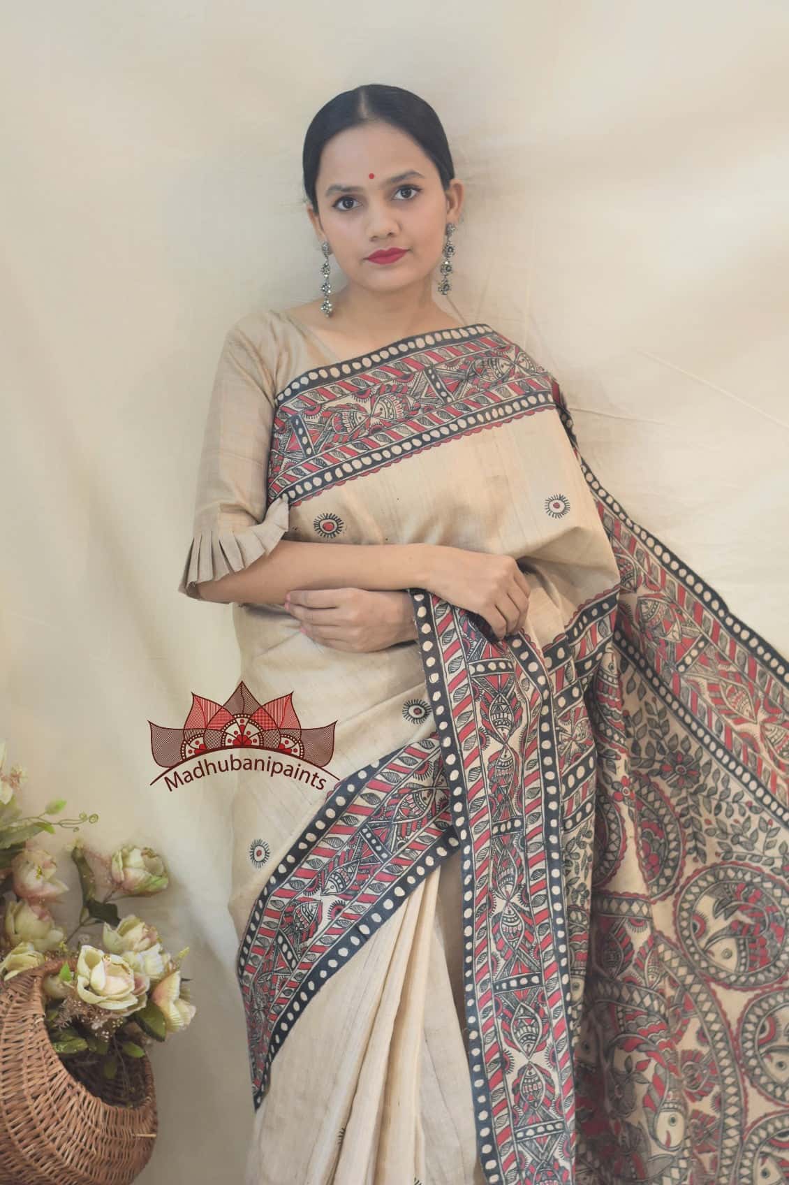 Madhubani Surmain Laal Kala Kachni Bharni Saree — image 7 of 9