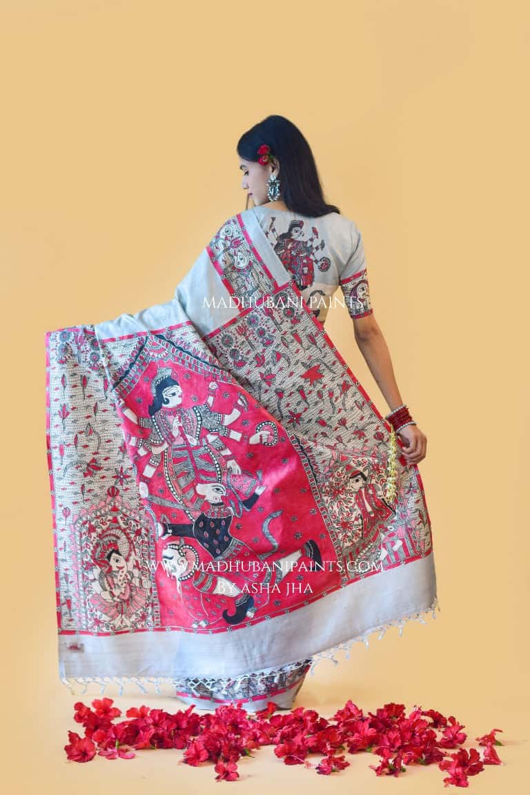 'RAJESHWARI' Handpainted Madhubani Tussar Silk Saree Blouse set — image 3 of 10