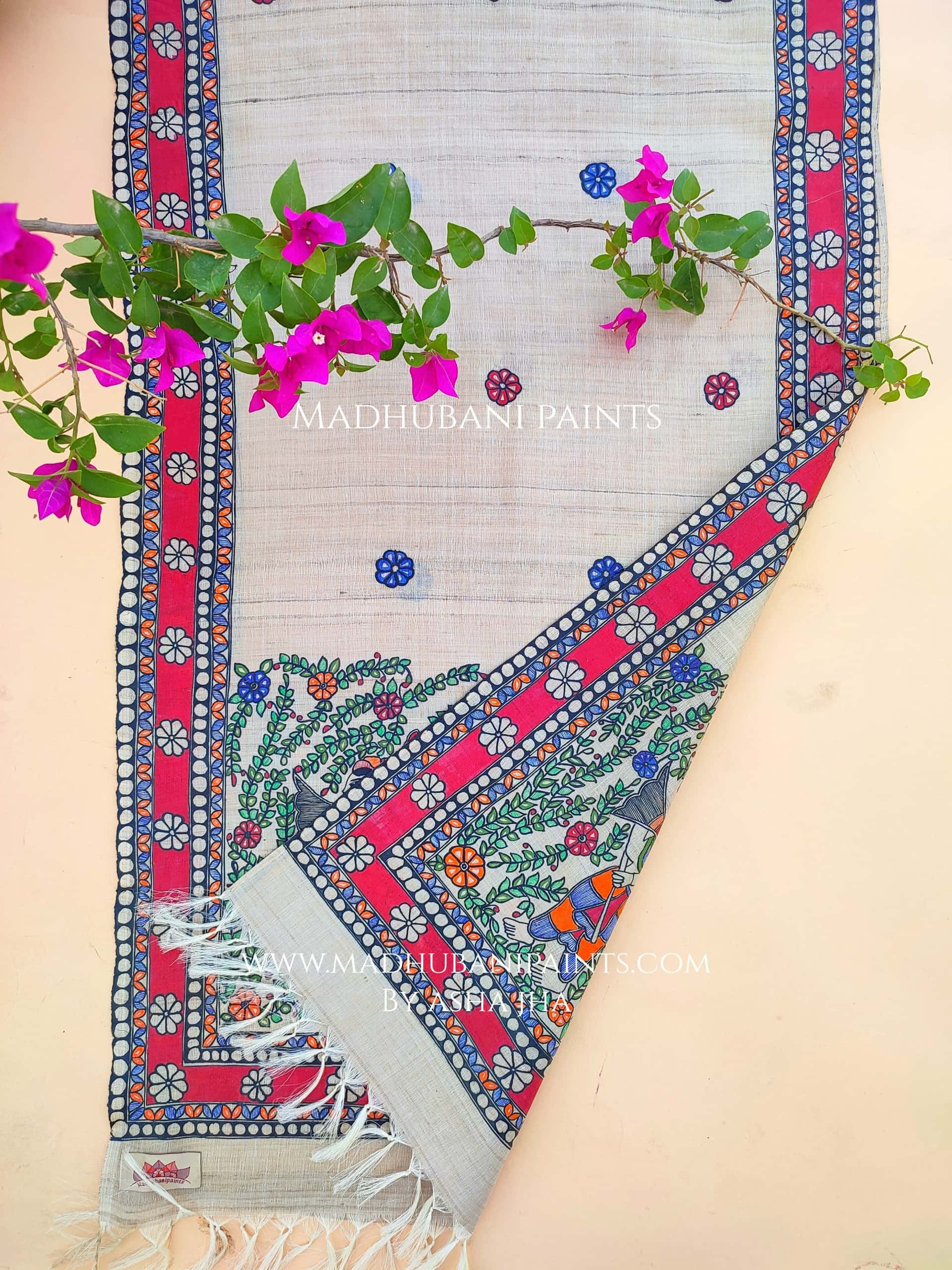 Bidaai Madhubani Hand-painted Tussar Silk Stole — image 2 of 3