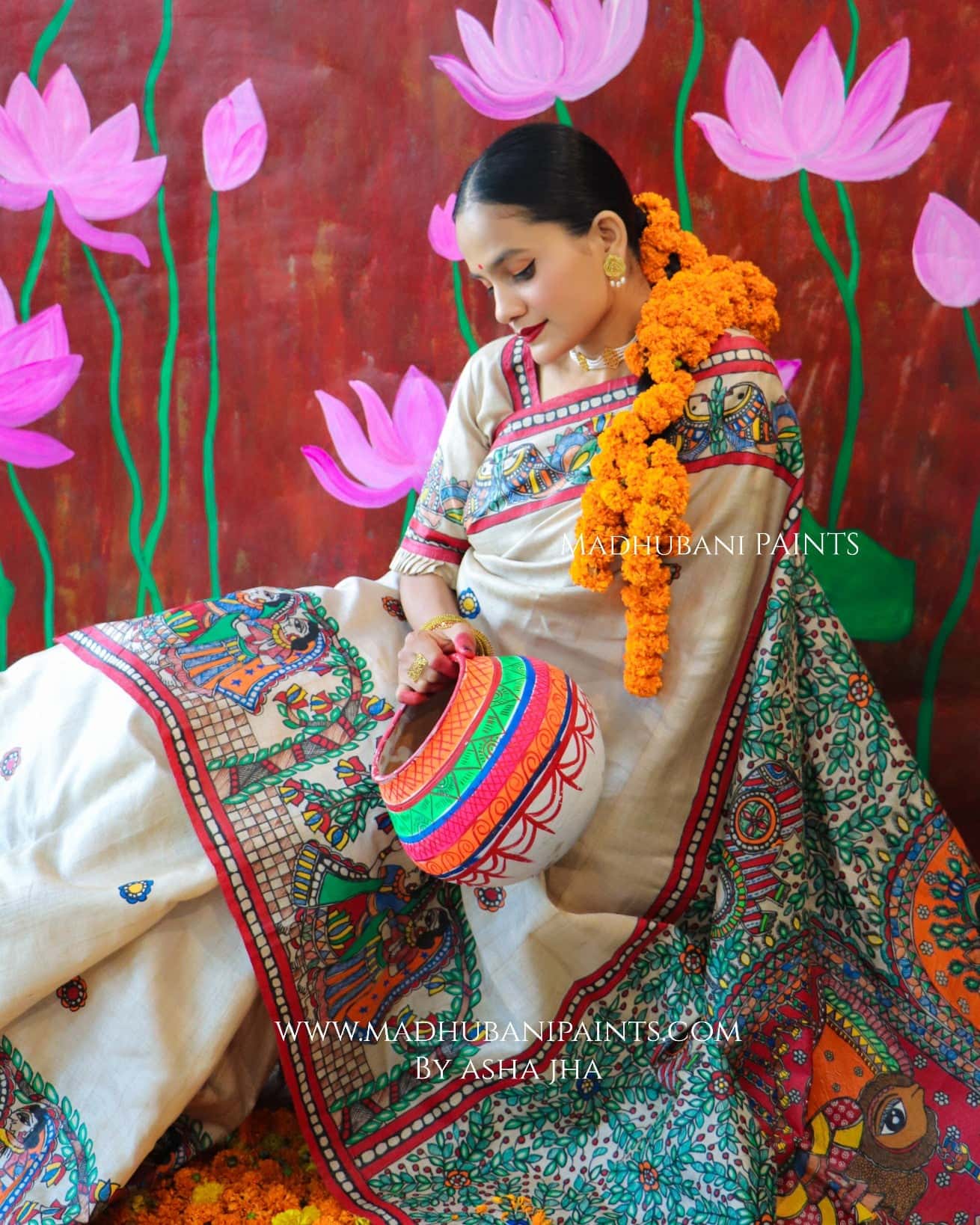 'MALINI' Handpainted Madhubani Tussar Silk Saree — image 4 of 7