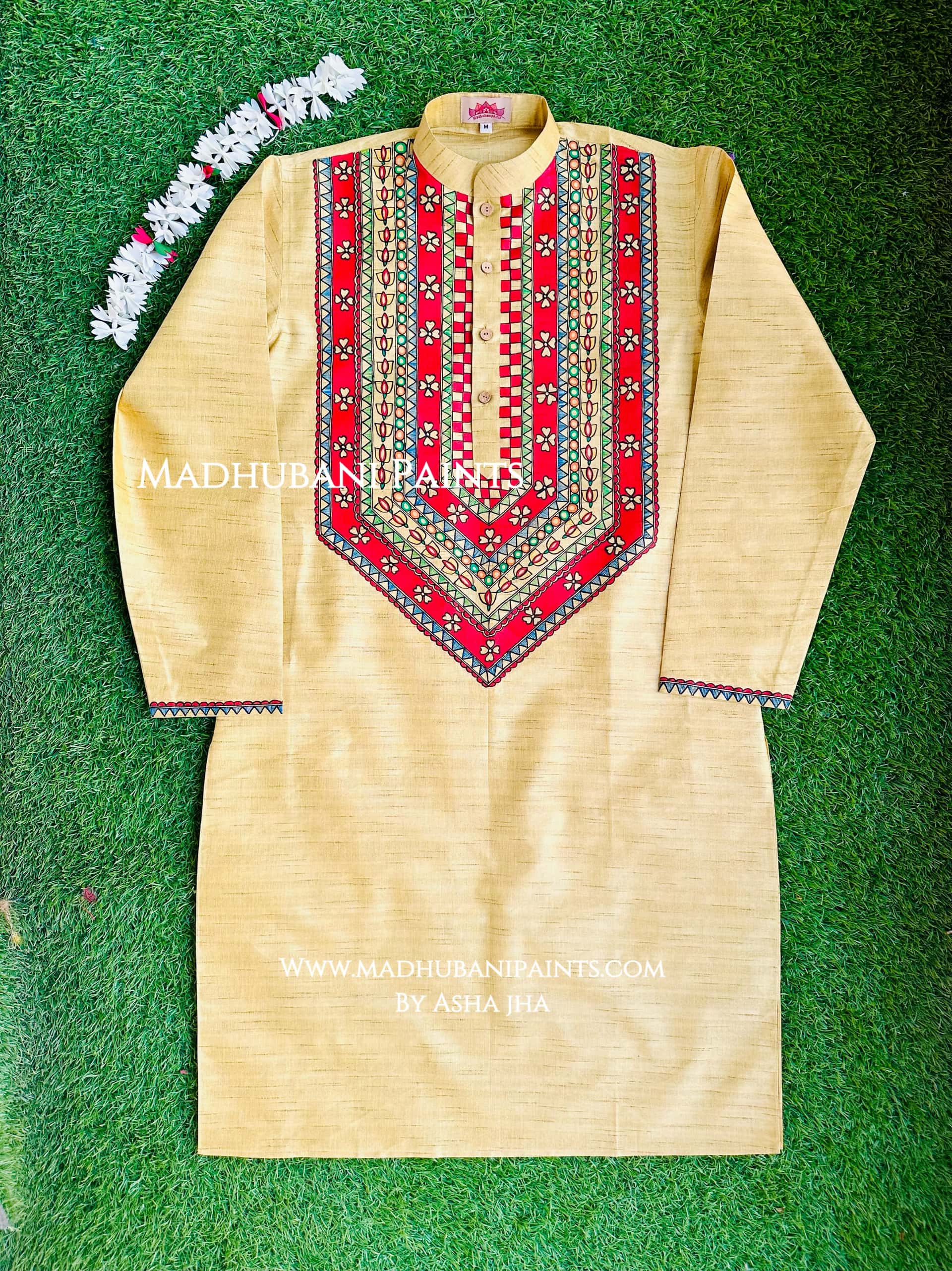 Yellow Phool Kamal Hand-painted  Madhubani Men's Cotton Kurta — image 3 of 4