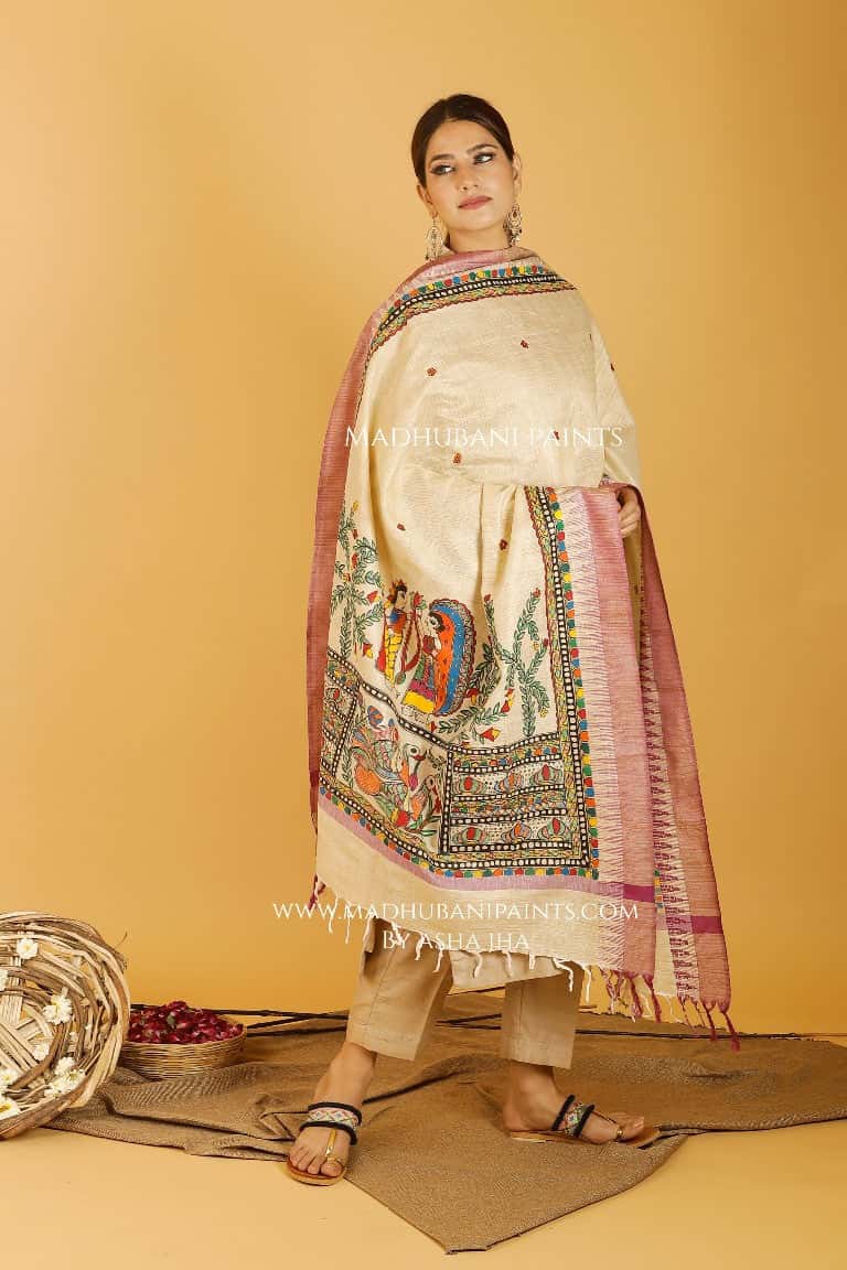 Sita Swaymbar Kathaa Madhubani Handpainted Pure Handloom Cotton Dupatta — image 2 of 4