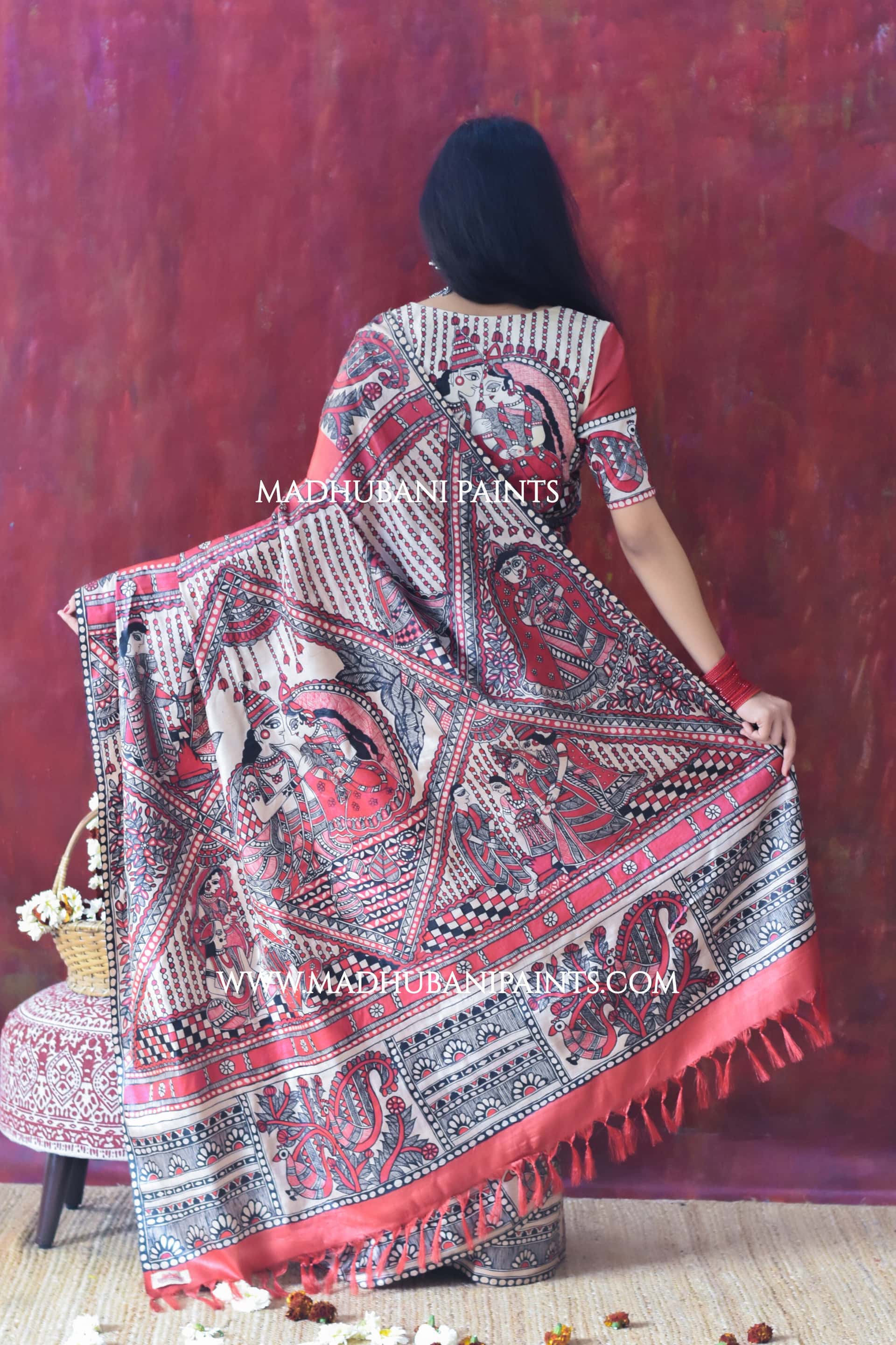 RED BENGALI WEDDING Hand-painted Madhubani Tussar Silk Saree — image 3 of 8