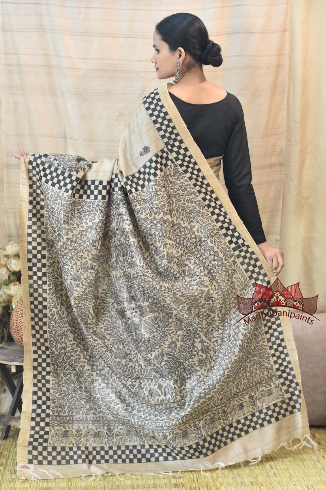 Madhubani Paints Hand Painted Kachni Saree — image 3 of 5