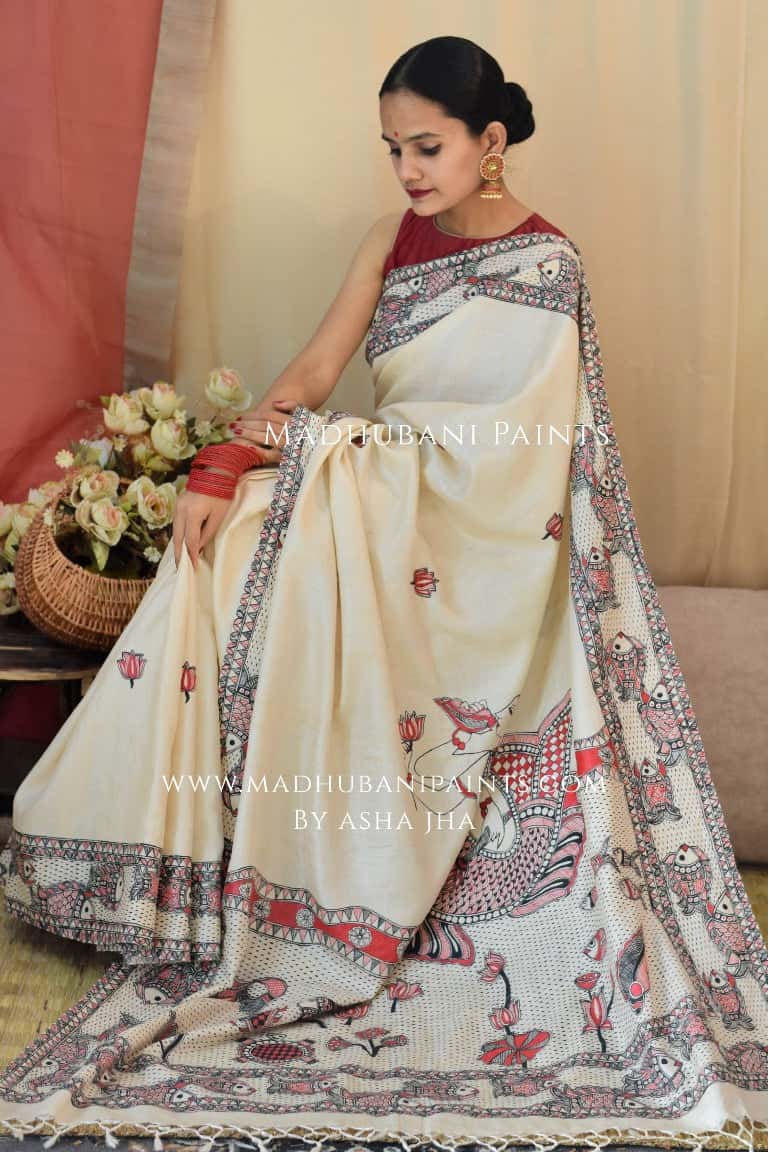 'MATSYA AVATAR' Handpainted Madhubani Tussar Silk Saree — image 3 of 12