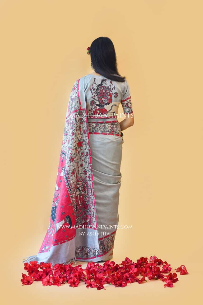 'RAJESHWARI' Handpainted Madhubani Tussar Silk Saree Blouse set — image 4 of 10