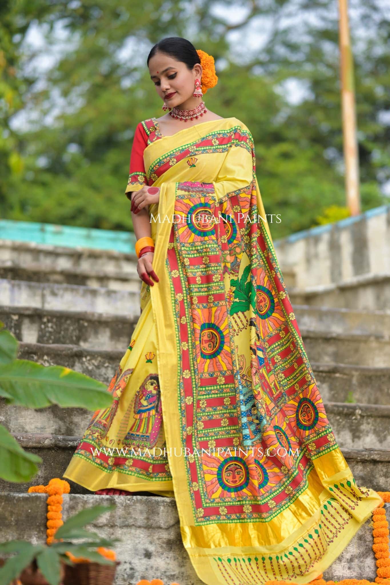 Surya Shalini Chhath Puja Handpainted Madhubani Cotton Saree — image 4 of 13