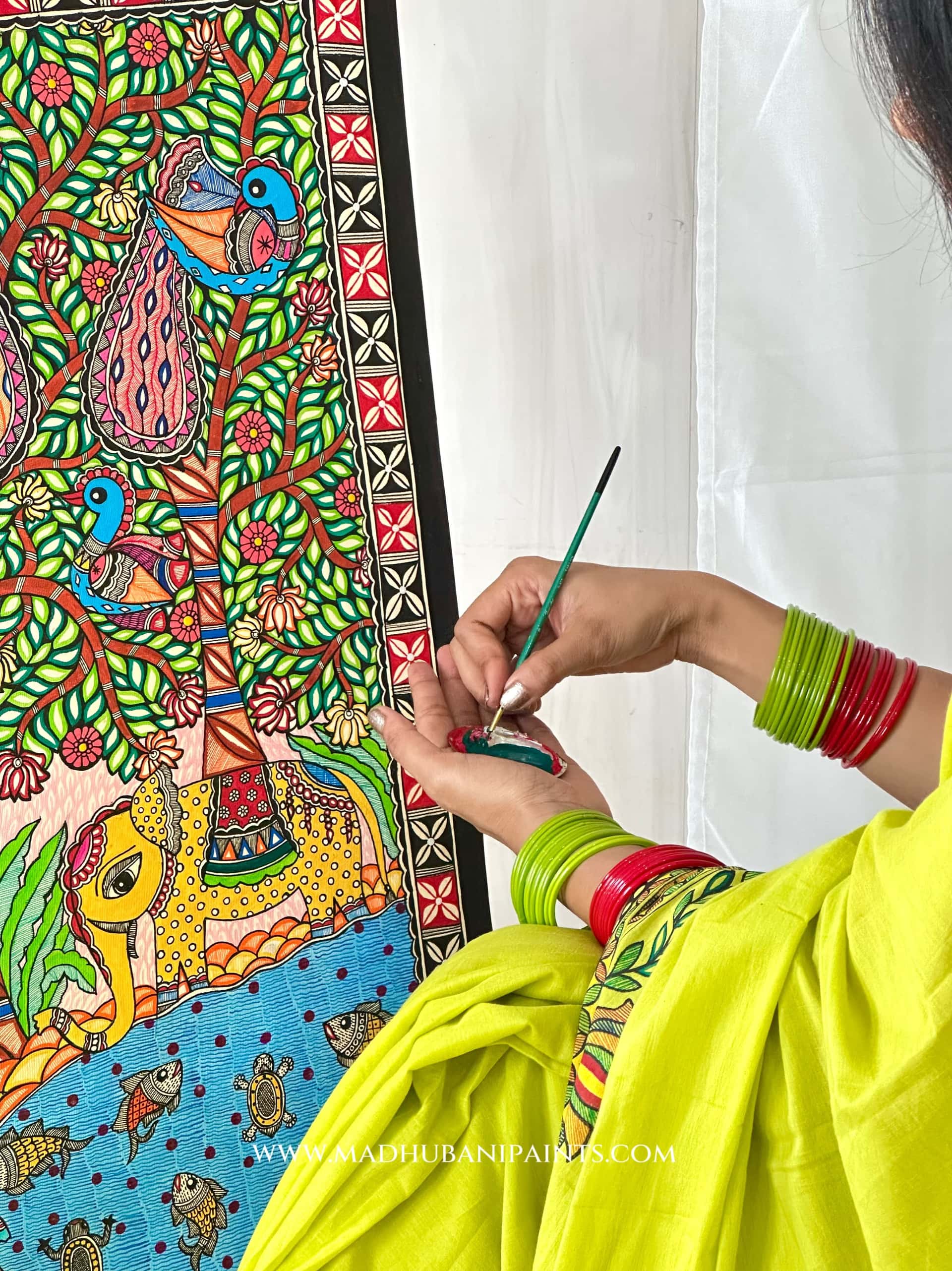 Hara Shringar Handpainted Madhubani Cotton Saree — image 6 of 9