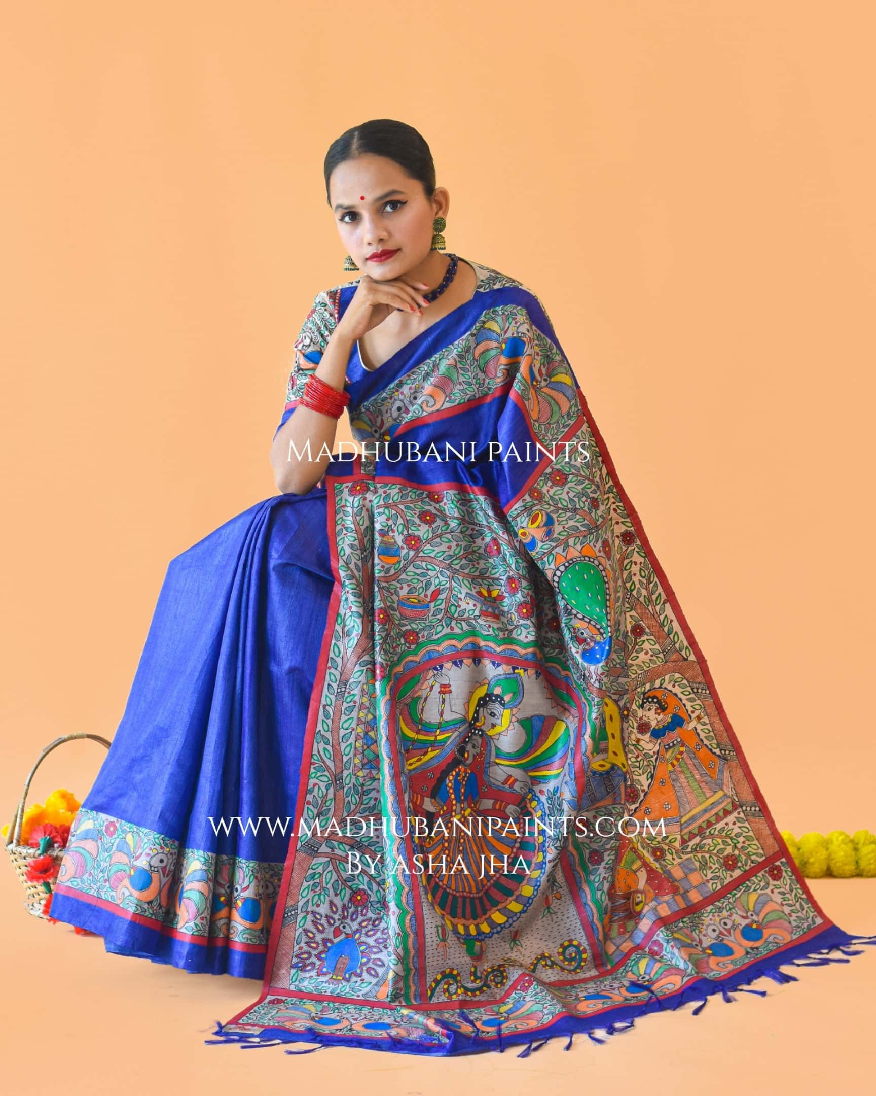 'MANMOHANA' Madhubani Hand-painted Tussar Silk Saree — image 7 of 7