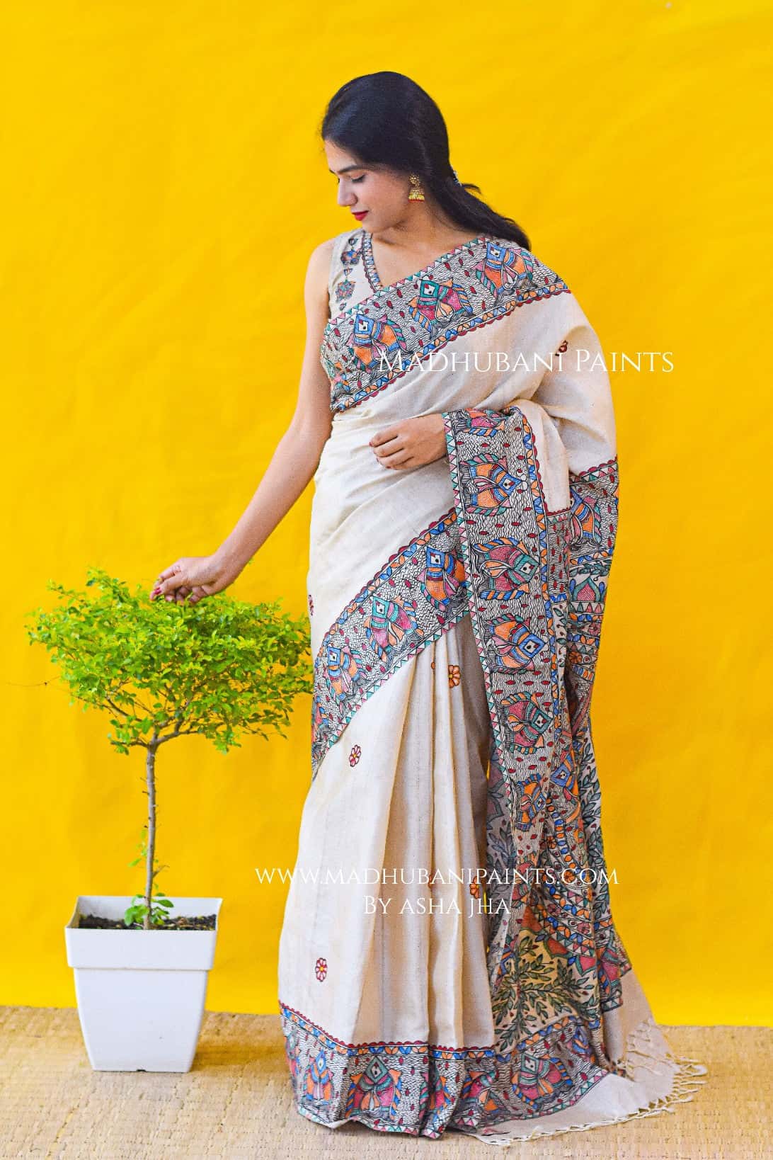 'MITHILA KI MAACH'  Hand-painted Madhubani Tussar Silk Saree — image 2 of 6